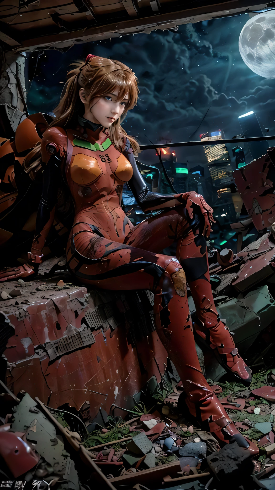 photorealistic, masterpiece, highres, highly detailed, Post-apoc, postapoc_character, ruined_cityscape, cityscape, indoors, night_sky, night, moon, light, indoors, ((bedroom, rubble, dark )),  ((((1girl,asukaLangleySohryu,plugsuit 02, interface headset,dirty)))),