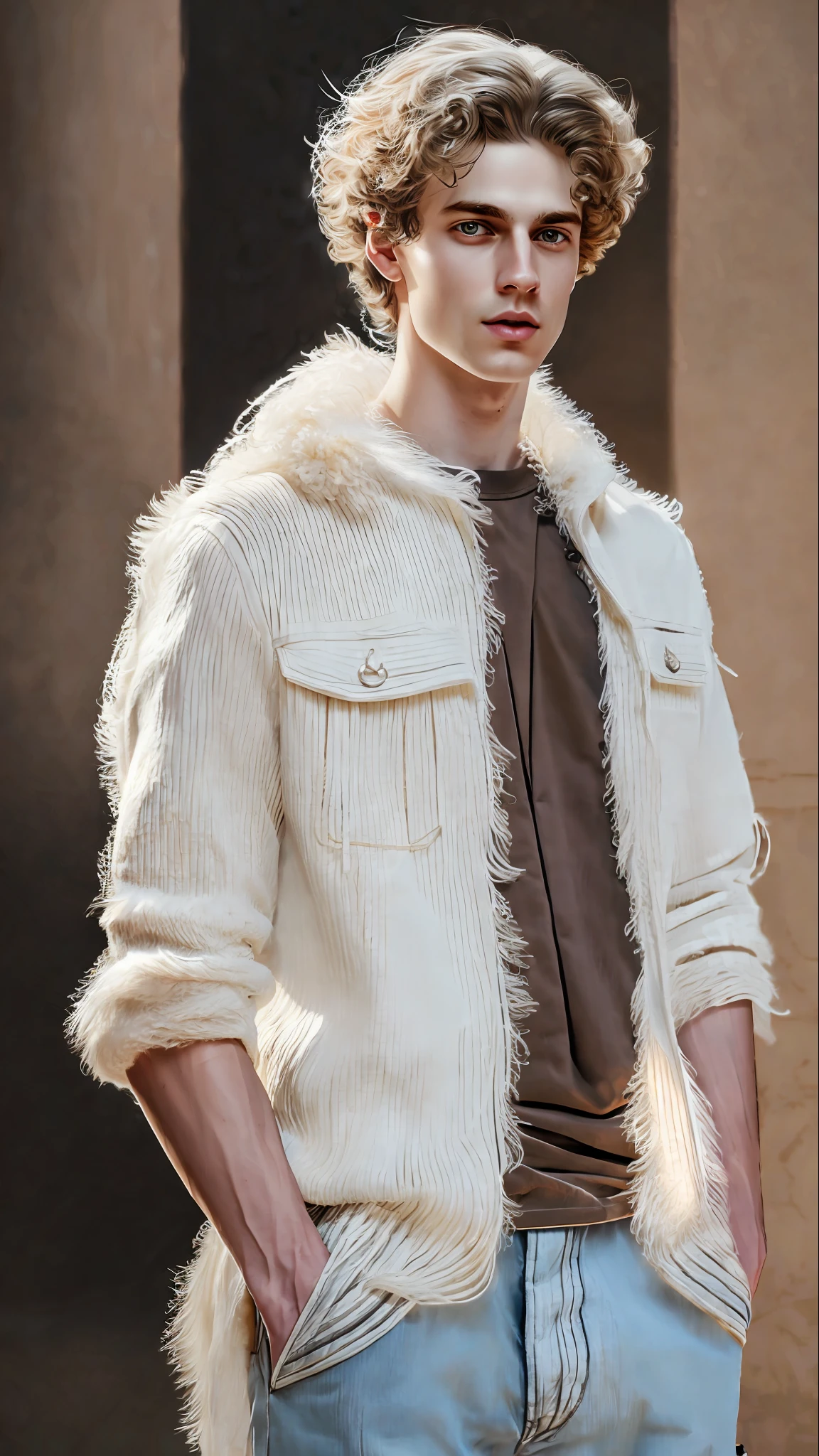 realistic portrait of handsome twenty-three-year-old american man ((white skin color)) with hands in pocket, ((standing )), ((honey hair with black locks)) wearing with a shirt and jeans, current fashion, short hair fashion cut, ((kanekalon)), dark background lighting, close-up, product vision, detailed facial details, perfect face, sharpness, trending art, sharp facial details, cgsociety, ultra high quality digital art, hyper exquisite details, 4K, 8K soft lighting, dreamy --ISO 100, fashion - --auto --s2