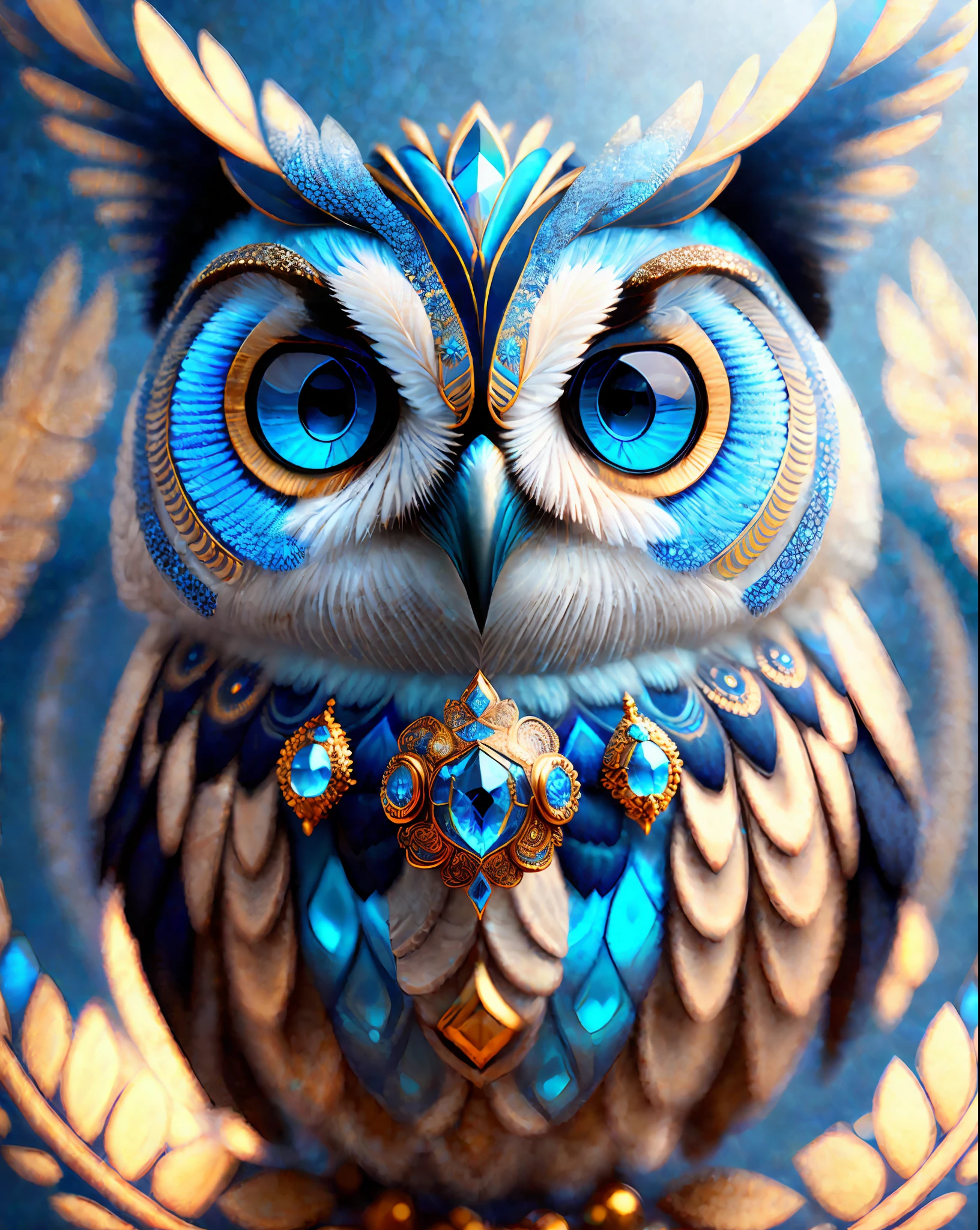 a digital painting of an owl with blue eyes, unreal engine render + a goddess, very detailed , beeple global illumination, elaborate ornate jewellery, trending on cgisociety, motion graphics, rossdraws global illumination, cgsociety, (((depth of field f/2.8)), ethereal