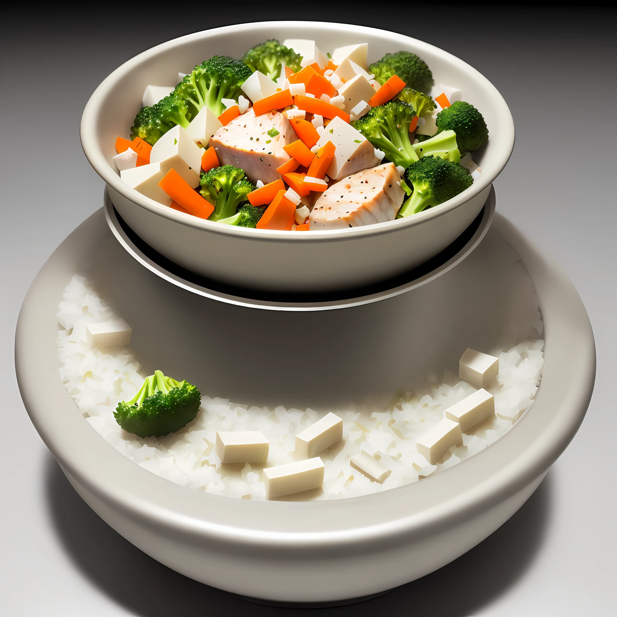 Ultra realistic style, stainless steel bowl with (((pieces of white meat)), chopped potato, grated carrot, chopped broccoli, intricate details, dslr, 100 mm, pets, diffused light, Studio photography, professional advertising, 8k