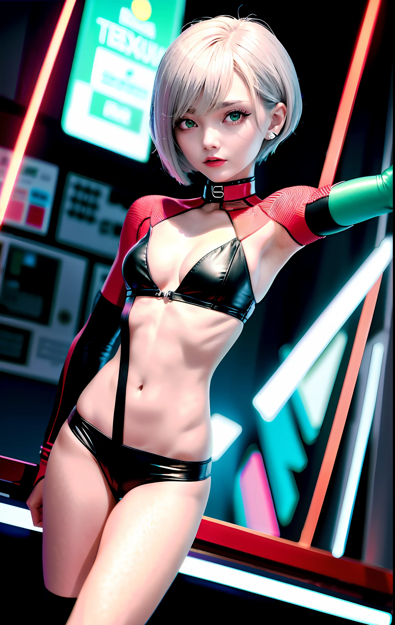 (best quality, masterpiece) a cute chibi girl in a tech suit, gray hair, bright green eyes, short bob haircut, vampire, pointed ears, close-up, upper half of body, waist-bottom, against the background of a red neon city, looking at the viewer, cyberpunk, cyan signs, a lot of red details, night, illustration, hard look, dramatic light,  levitation.