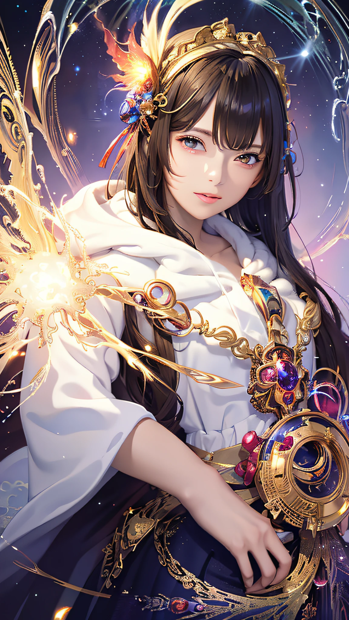 (masterpiece, top quality, best quality, official art, beautiful and aesthetic:1.2), (1girl), extreme detailed eyes, (fractal art:1.3), colorful, highest detailed, (perfect face), shiny skin, HDR, (white cloak golden lines:1.2), galaxy, (light streaks), striking visuals, (dynamic streaks, luminous trails:1.2), vibrant colors, (phoenix), (dragon)