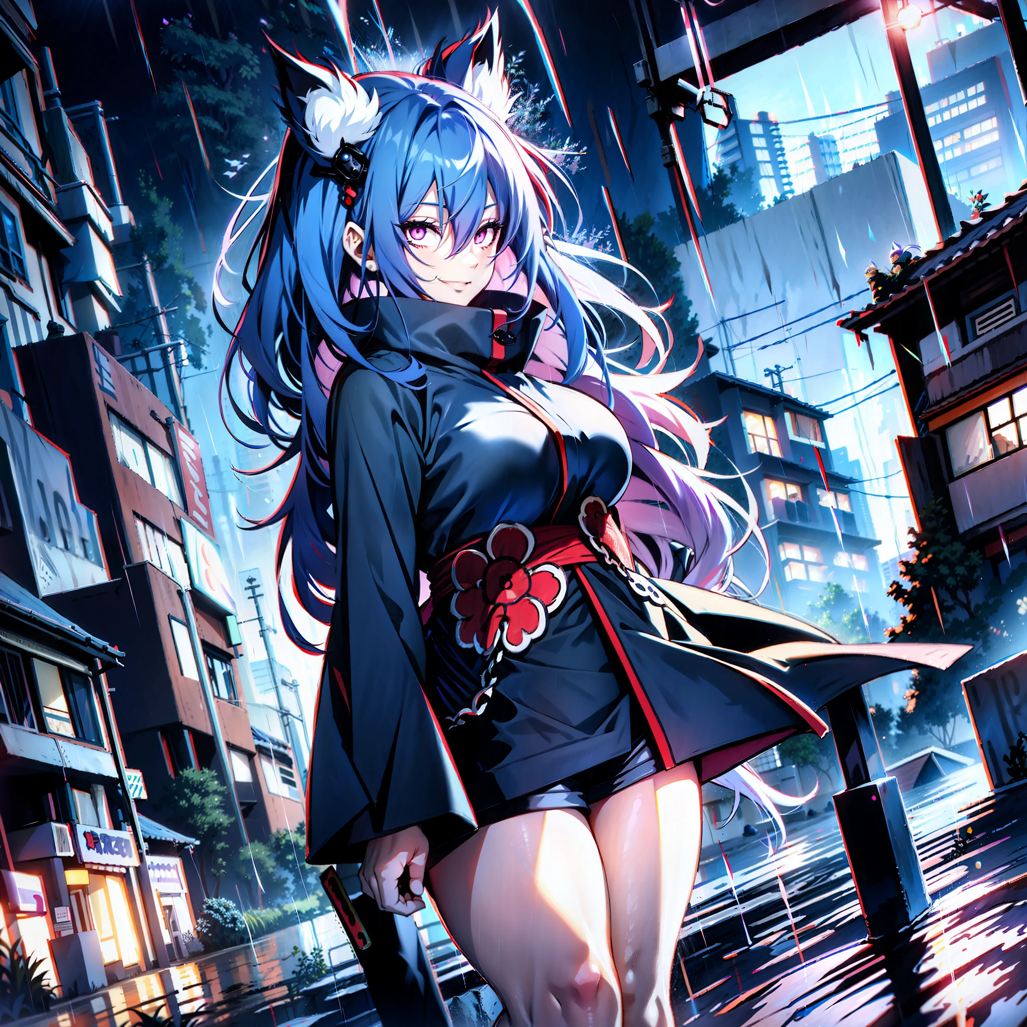 sharingan eyes, dead buildings in the background, buildings without light, top of a building, mist, rain, heavy rain, storm, , night, akatsuki outfit, 1girl, big breasts, smile, short, chubby, full body, long blue hair, upper blue hair, chained lower red hair, blue fox ears, blue fox tail, big bust, gray eyes, gray pupils, purple kimono,  black knee length shorts, scanned, , Hedda Sterne