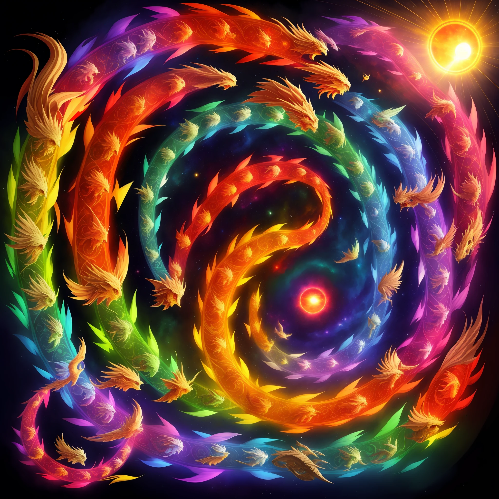 Best quality, masterpiece, 16k, 7 dragons as if they were the 7 chakras, flying in a linear way, looking at the viewer, background sky with stars, sunset, rainbow in the background