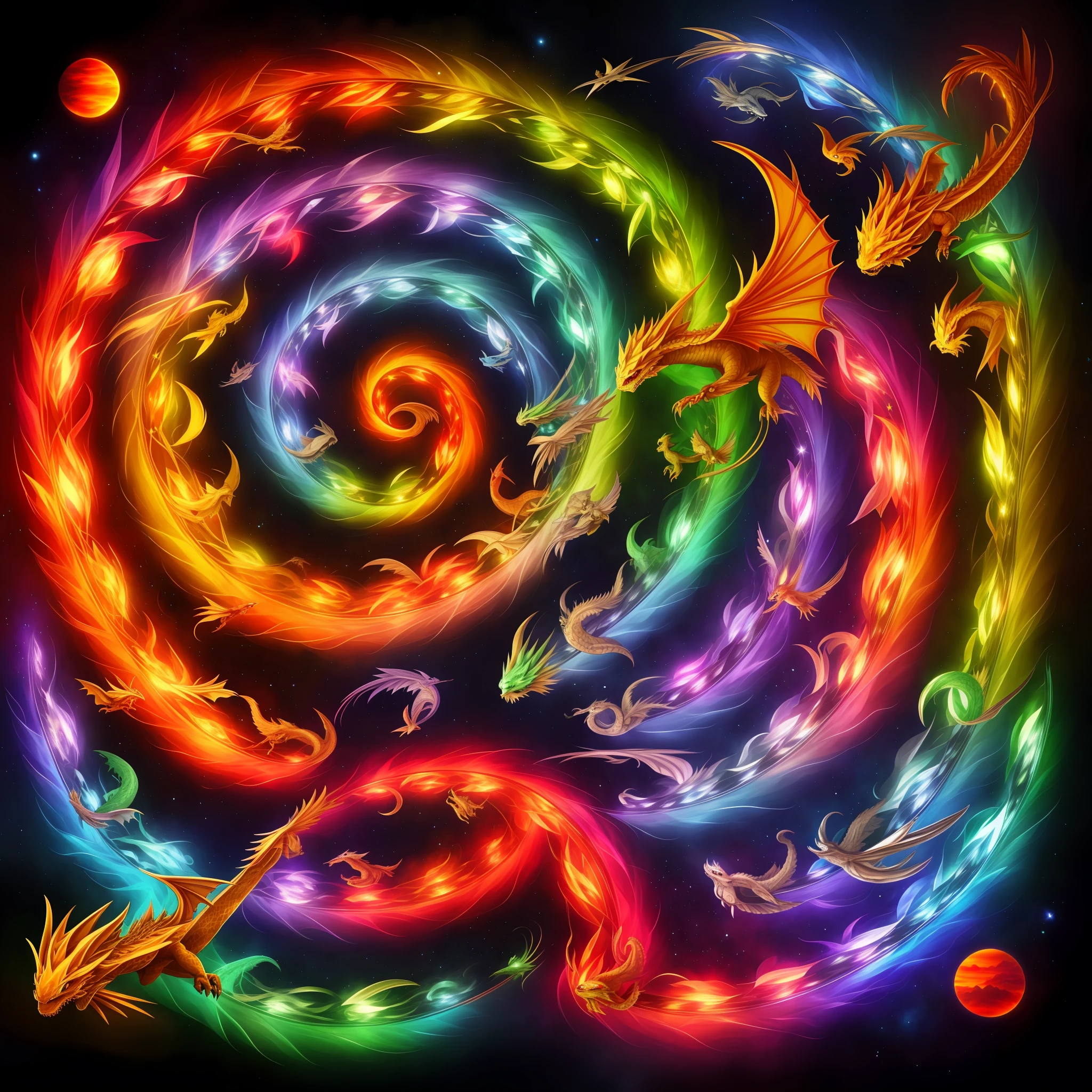 Best quality, masterpiece, 16k, 7 dragons as if they were the 7 chakras, flying in a linear way, looking at the viewer, background sky with stars, sunset, rainbow in the background