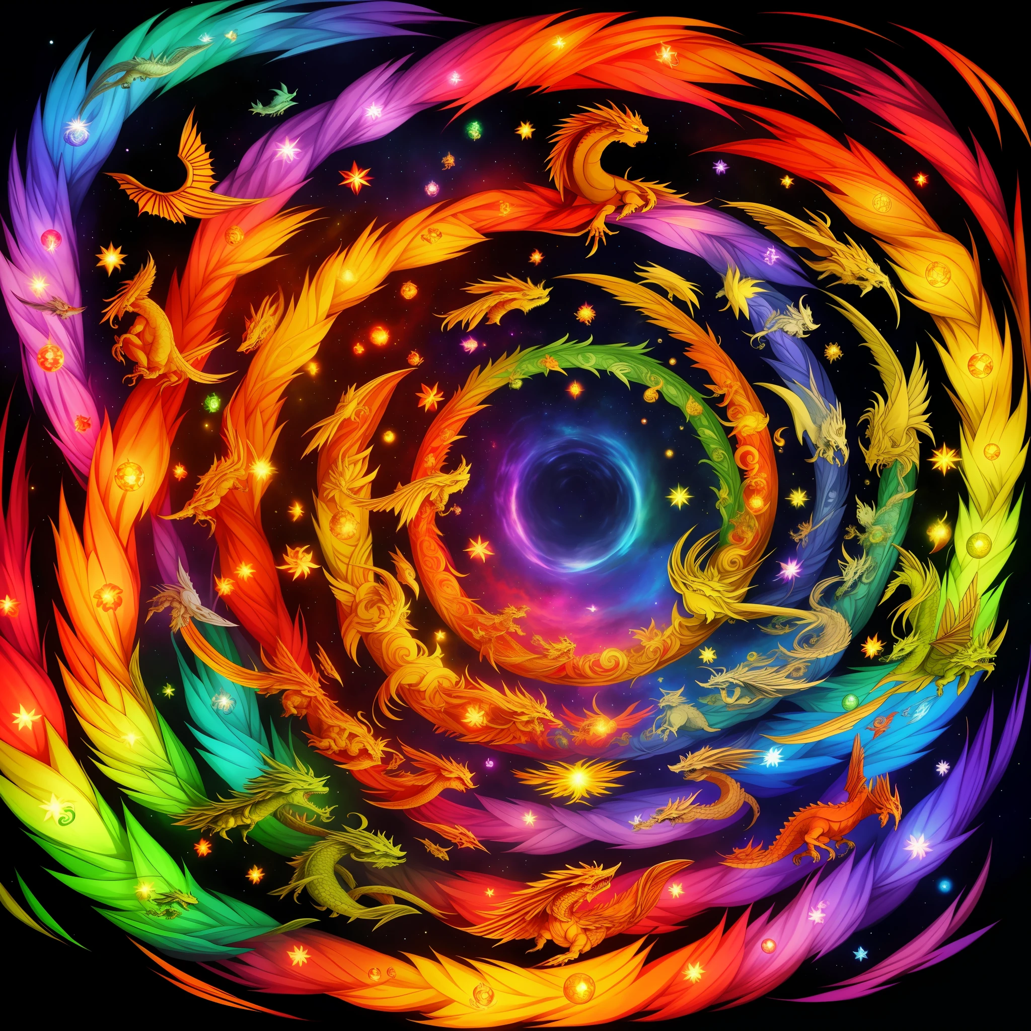 Best quality, masterpiece, 16k, 7 dragons as if they were the 7 chakras, flying in a linear way, looking at the viewer, background sky with stars, sunset, rainbow in the background