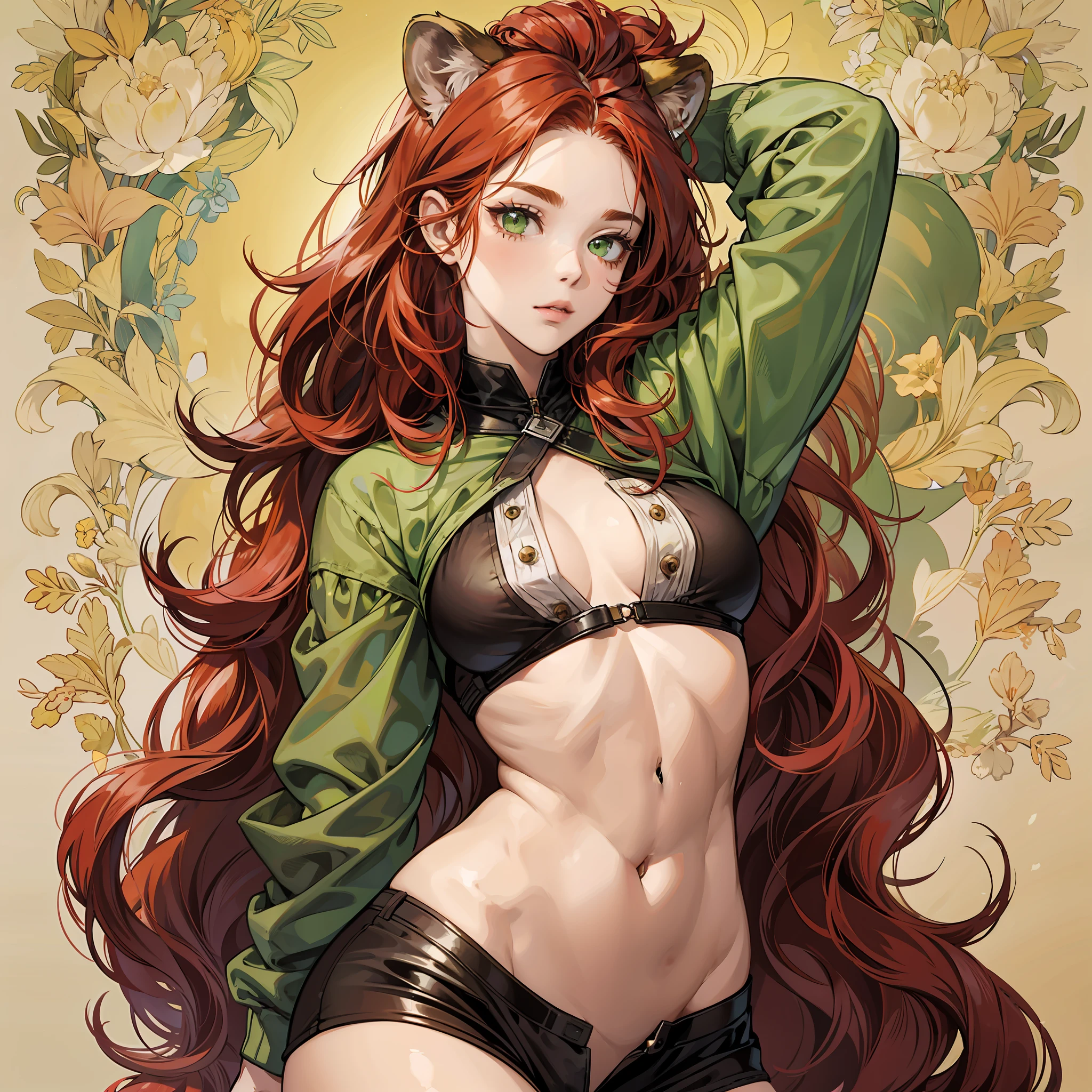 1girl, furry girl, lioness, young, red hair, big hips, medium chest, hairy, green eyes, brown skin. --auto --s2
