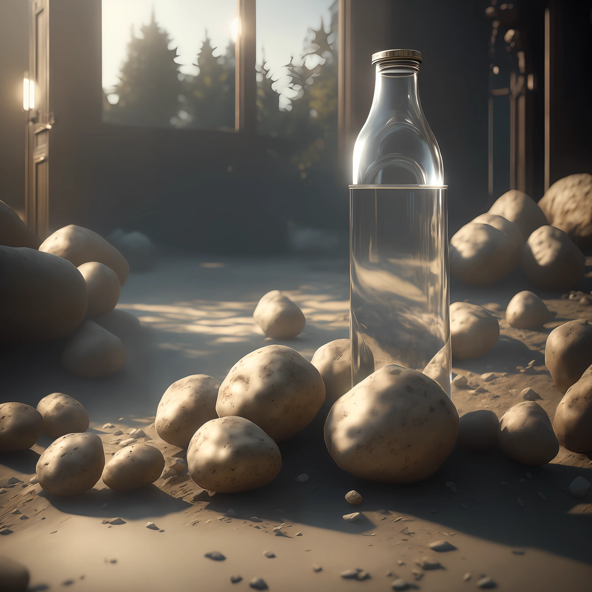 dreamlikeart potatoes in a bottle, in front of heaven gates realistic, photo, canon, dreamlike, art. hyperdetailed photorealism by greg rutkowski - h 1024 w 804 | f 1 6 lens mark 2:2 s 3555 mm film grain :1 lifelike high res sharp focus contrast!! intricate detailed atmospheric light refraction lighting unreal engine 5 cinematic concept photography masterpiece octane render trending at cgsociety rendered as