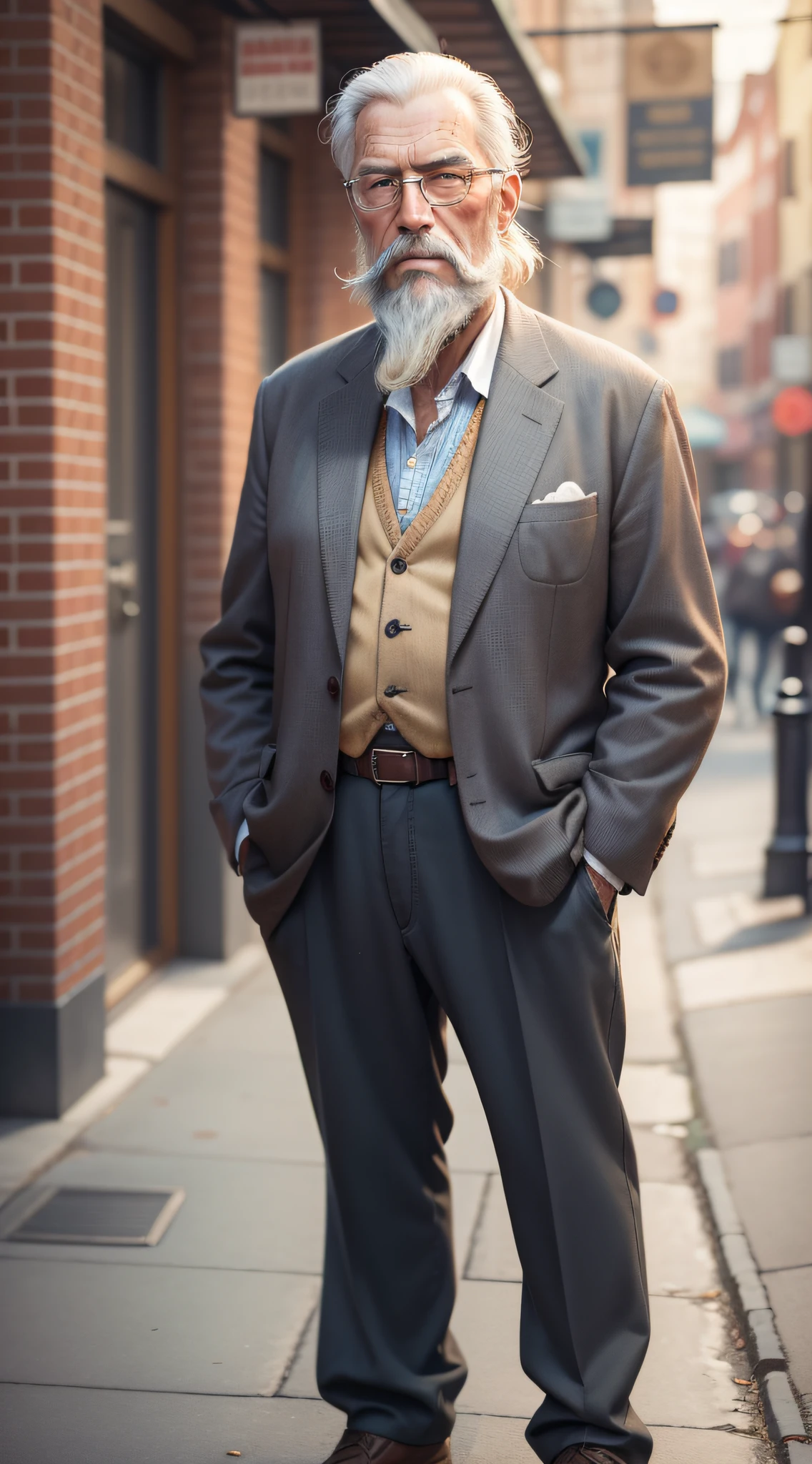old man, 60 years old, old times style, with beard, tall, with only one hand in his pocket, realistic, facing image, with old clothes, in image framing, super realistic, showing full body, detailed, depth of field, high quality shadows, full body