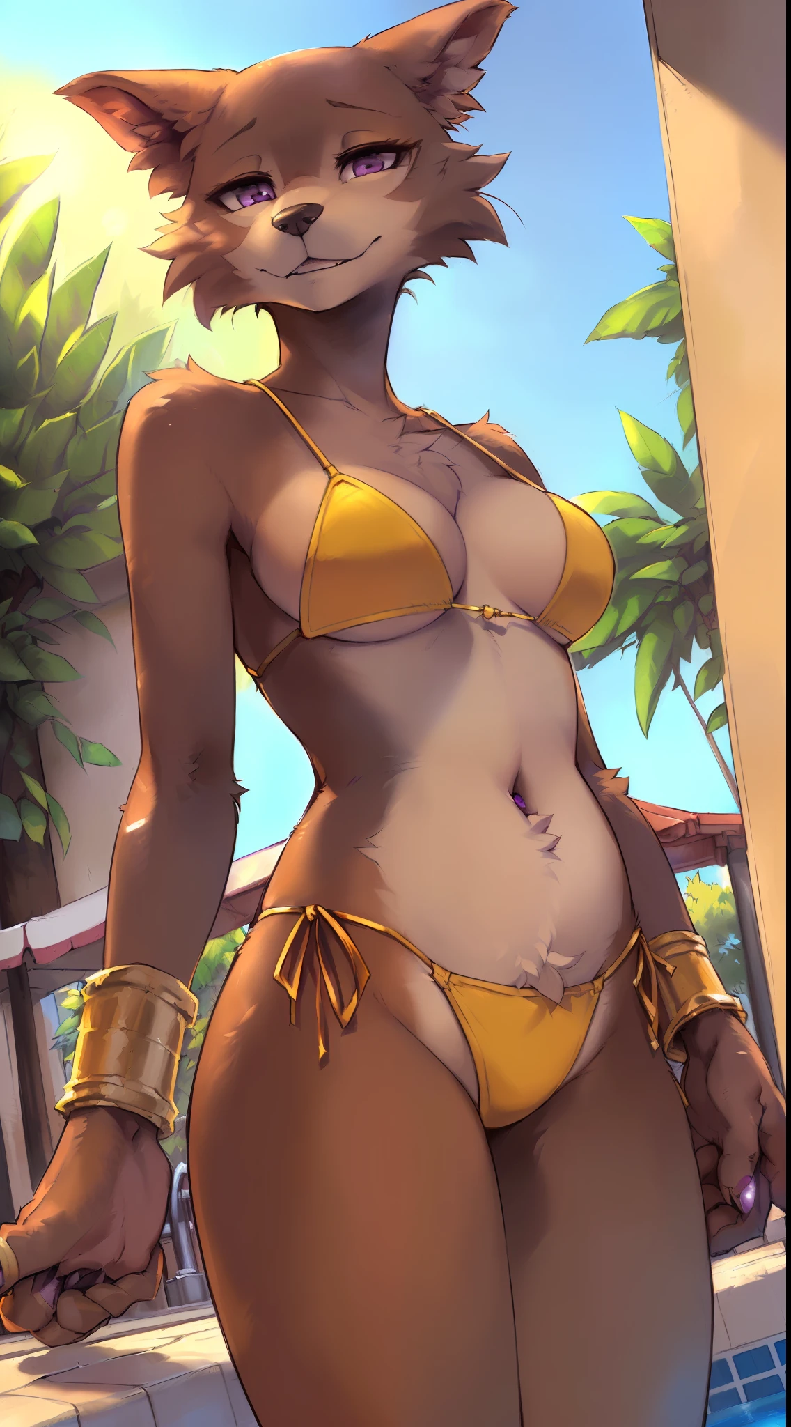 uploaded on e621, (((by itagaki_paru, by fluff-kevlar, by Zackary911, by Kenket, by Kilinah, by itagaki_paru))), solo female (((Juno \(beastars\))), wear (((golden wristband and jewelry and golden bikini))), (detailed Juno \(beastars\), (detailed lighting),(detailed fur), (detailed breasts), (detailed skin), BREAK, ((standing at hotel suite outdoor swimming pool with plant on sunny day)), (cinematic lighting), ((detailed background)), ((depth of field)), (half body shadow), ((looking at viewer)), (low-angle view), ((three-quarter view)), [backlighting], [detailed ambient light], [gray natural lighting], [ambient light on the belly], [realistic proportions], [explicit content, adult, nsfw], [sharp focus], (questionable content), (shaded), (hi res), ((masterpiece)), half-closed eyes, purple eyes