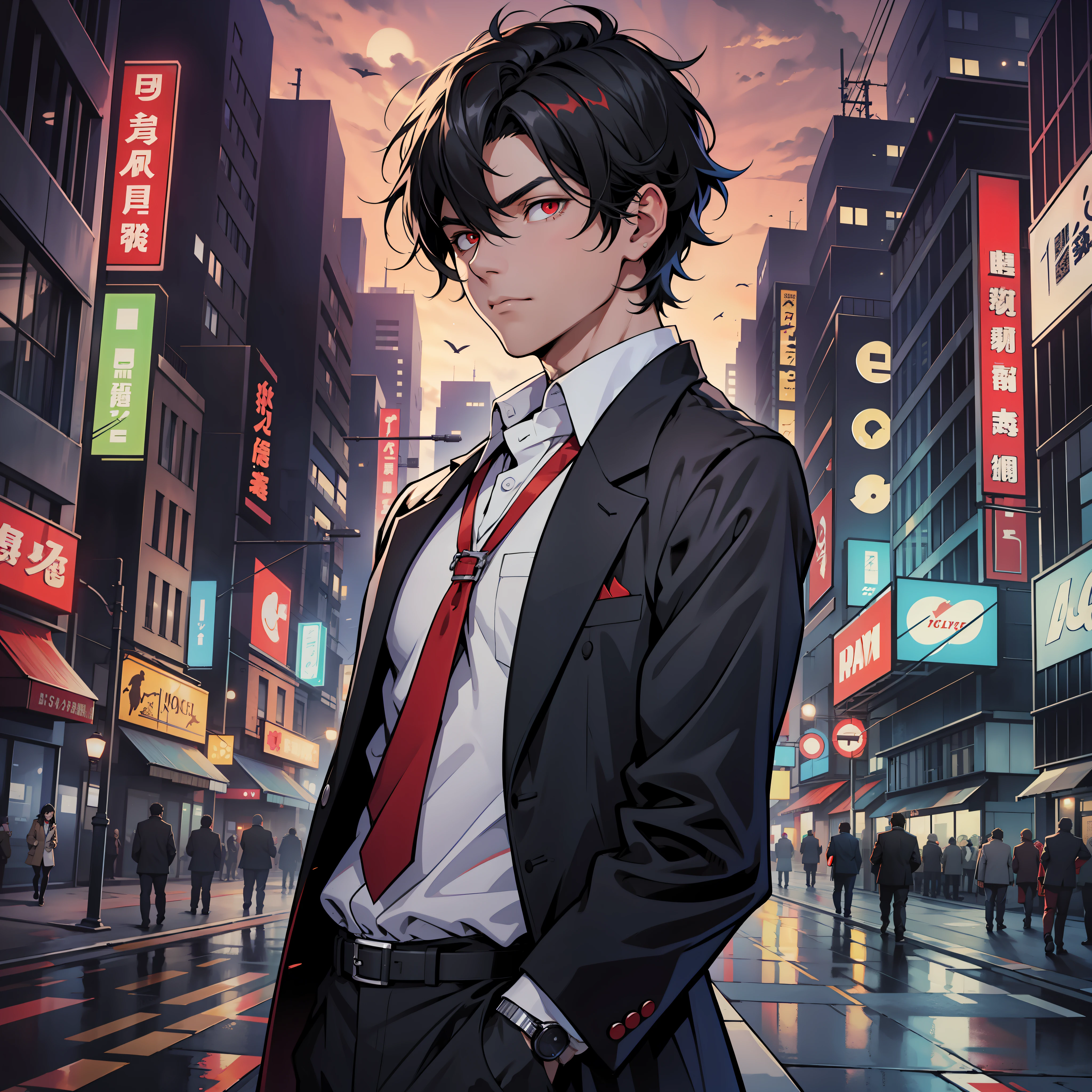 detective boy, looking for viewer, detective outfit, red eyes, black hair, upper body, dark city background, night, best quality, 8k, real life --auto --s2