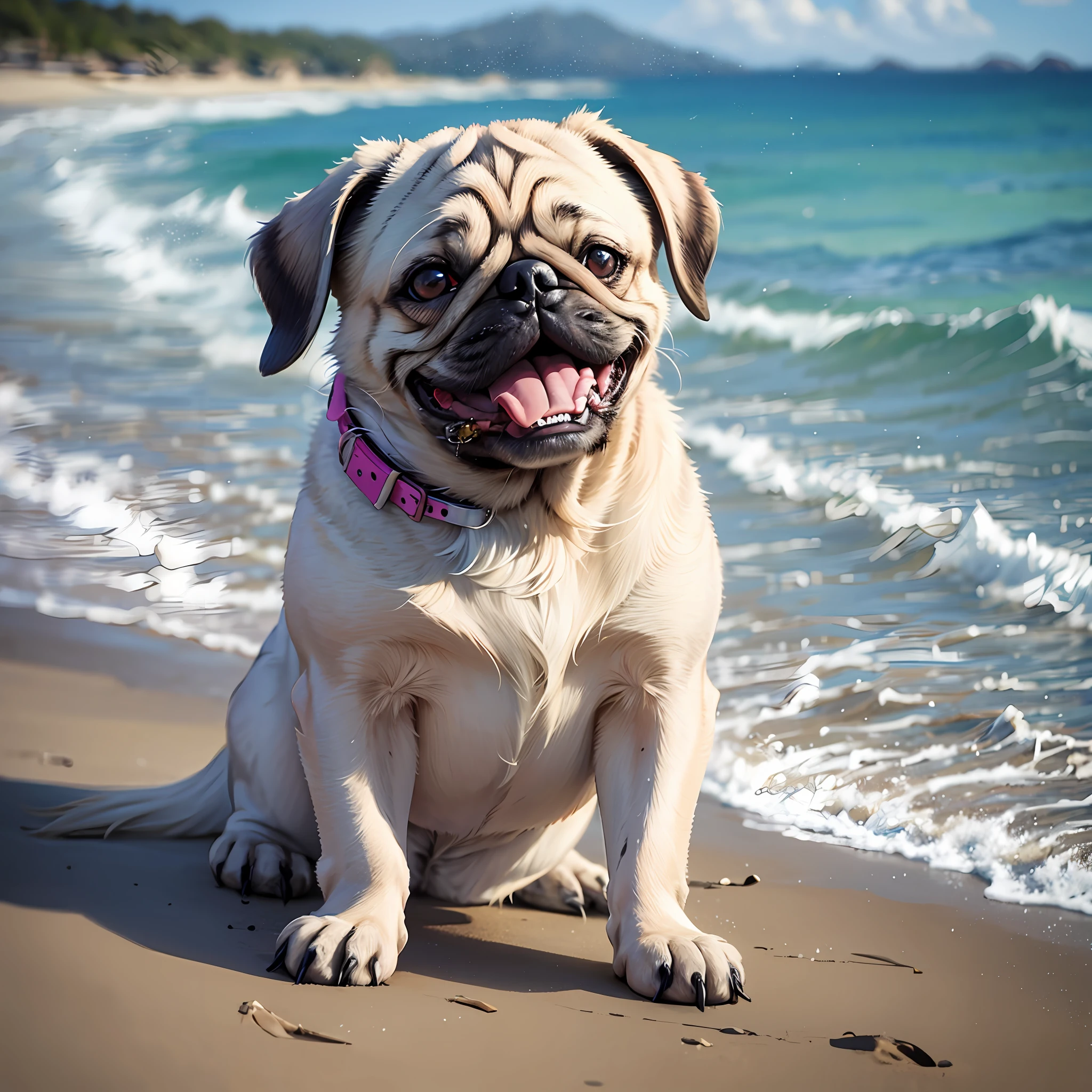 Pug with vivid colors, happy playing on the beach --auto --s2