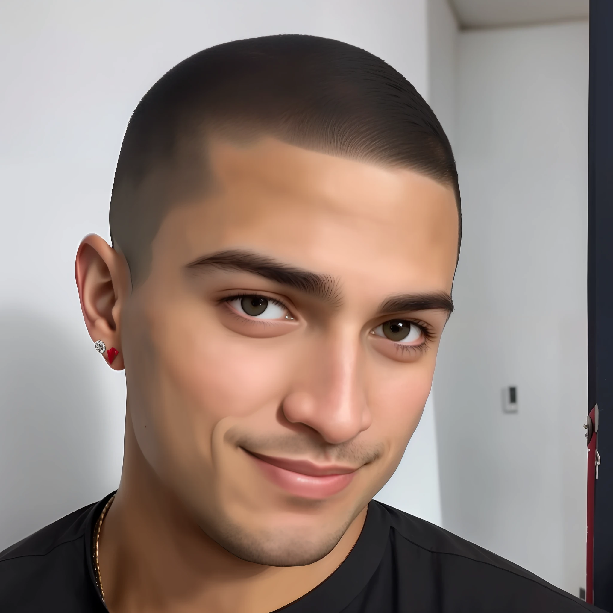 there is a man that is smiling and looking at the camera, clean shaven wide face, headshot profile picture, clean shaven face, frontal picture, caio santos, a handsome man,black short hair, around 1 9 years old, short hair on top of his head, half shaved haircut, with a small beard, mohamed chahin, shaved sides