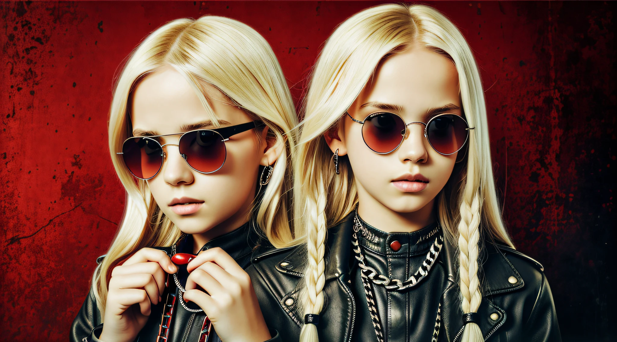 A half body, portrait of 3 girls German children long platinum blonde hair of 12 years, red leather jackets, sunglasses, holding in their hands a cross, background of chains, chain, more chains, many chains, , red, red fire, many background flames.
