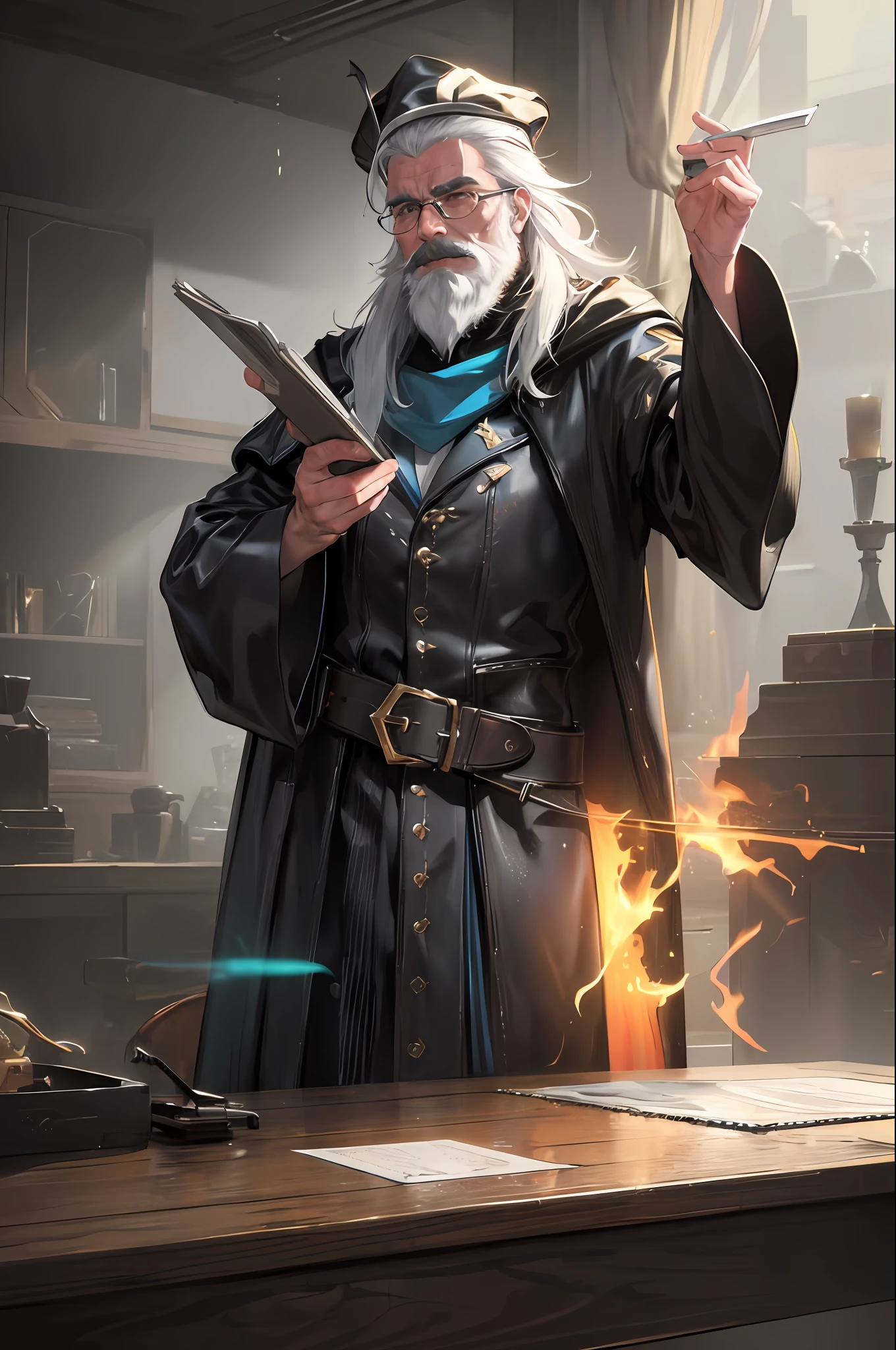 1boy, male focus, facial hair, beard, old man, old man, book, solo, hat, belt, wizard, white hair, holding, mustache, open book, fire, wide sleeves, glasses, robe, long sleeves, long hair, Hyperdetailed, ArtStation, CGsociety, 8K, Surrealist, Zbrush, Unreal Engine 5, Bright colors, Greg Rutkowski, Darksynth, Weta Digital, Focus, Octane rendering, Super sharp, Cinematic light, High quality, High resolution, Style Smooth Color Manga Hayao, Photorealistic, High Detail, 8K, Trending Artstation, Octane Rendering, Cinematic Lighting, 3D Rendering, Vray Caustics, Volumetric Lighting, Dark Atmosphere, Moody Colors, Sense of Awe, Concept Art, Unreal Engine 5 Rendering, Cinematic Center Shot, Hyper Realistic, Ultra-Detailed;