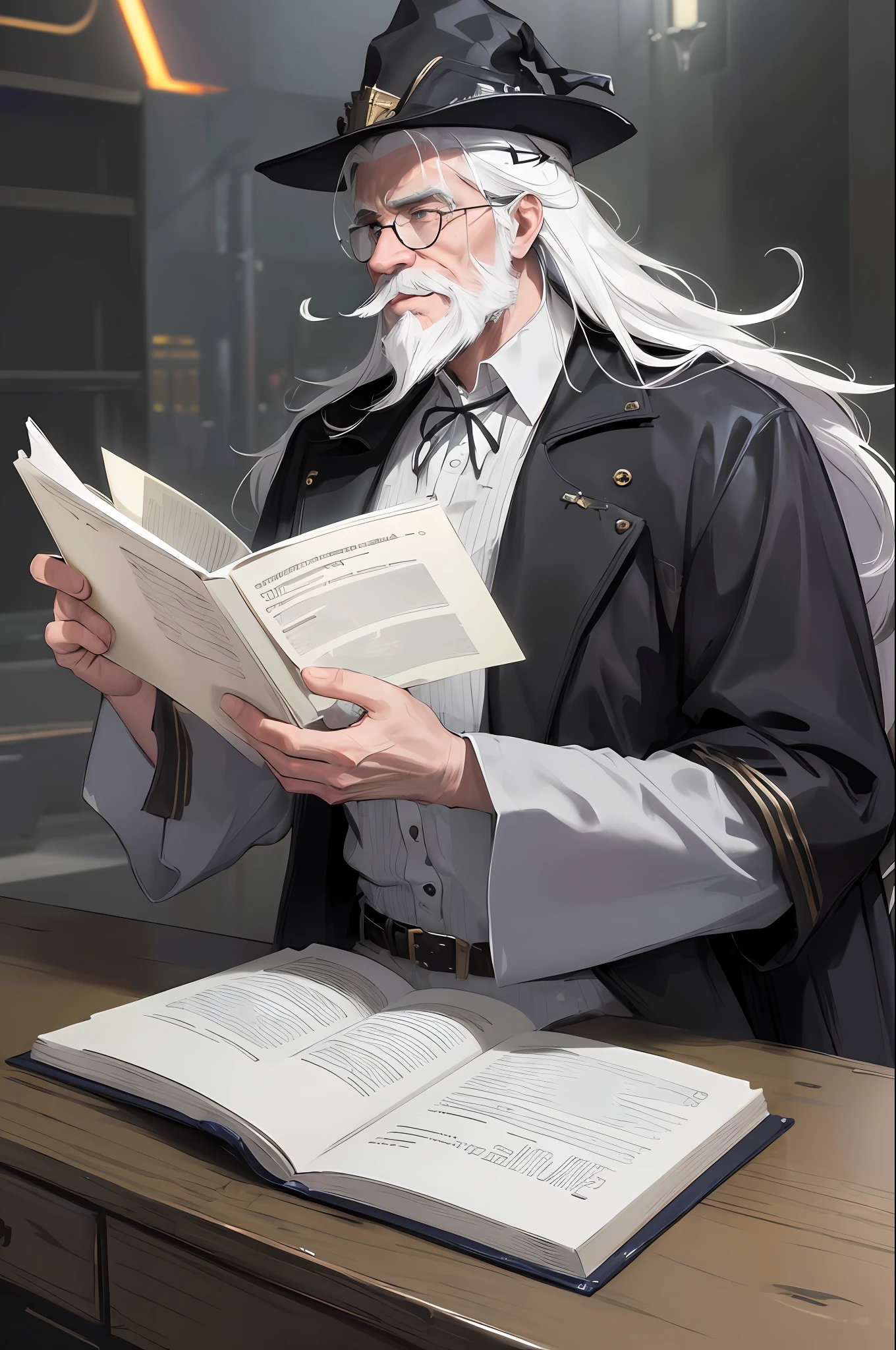 1boy, male focus, facial hair, beard, old man, old man, book, solo, hat, belt, wizard, white hair, holding, mustache, open book, fire, wide sleeves, glasses, robe, long sleeves, long hair, Hyperdetailed, ArtStation, CGsociety, 8K, Surrealist, Zbrush, Unreal Engine 5, Bright colors, Greg Rutkowski, Darksynth, Weta Digital, Focus, Octane rendering, Super sharp, Cinematic light, High quality, High resolution, Style Smooth Color Manga Hayao, Photorealistic, High Detail, 8K, Trending Artstation, Octane Rendering, Cinematic Lighting, 3D Rendering, Vray Caustics, Volumetric Lighting, Dark Atmosphere, Moody Colors, Sense of Awe, Concept Art, Unreal Engine 5 Rendering, Cinematic Center Shot, Hyper Realistic, Ultra-Detailed;