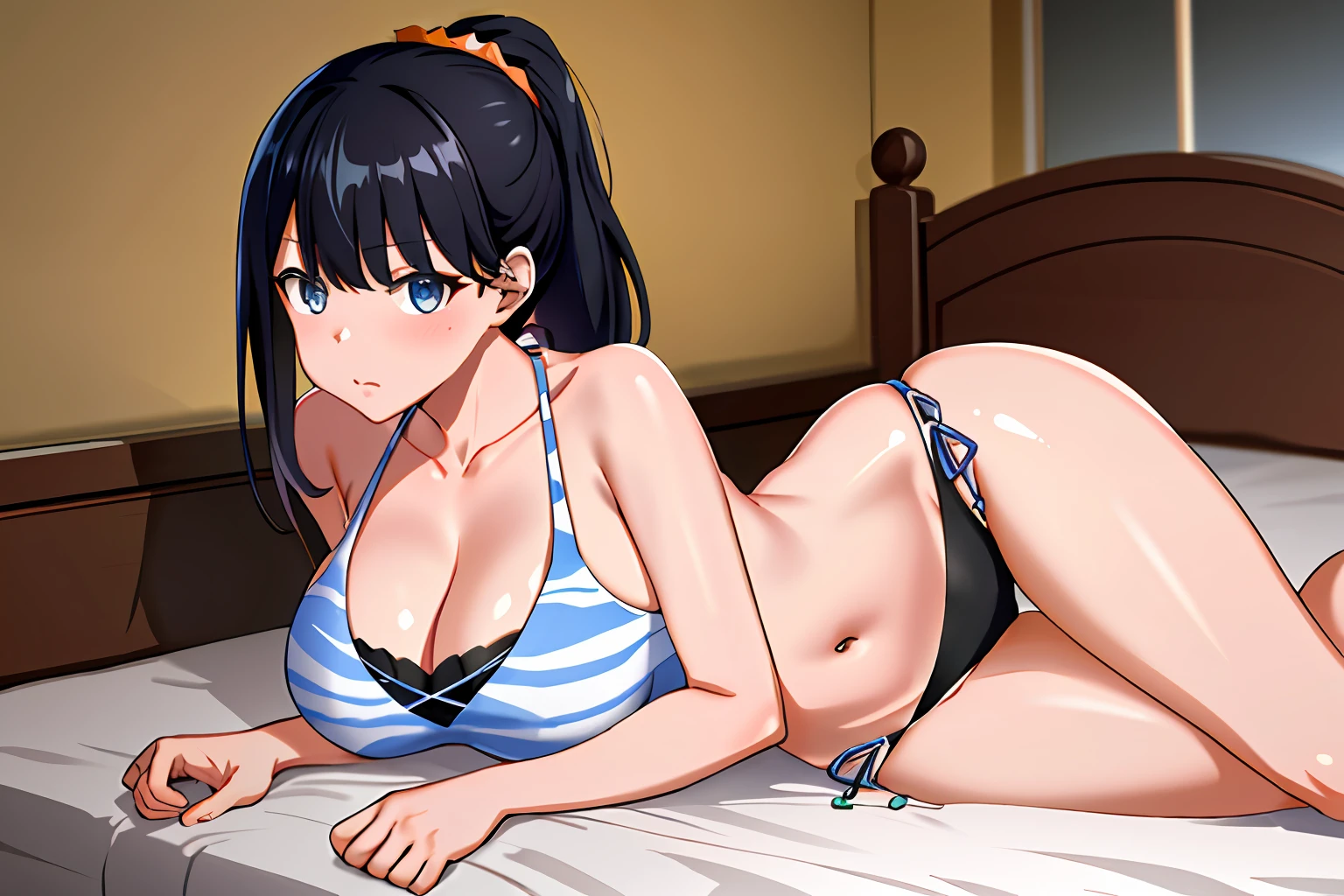 masterpiece, best quality, highres, rikka2, 1girl, takarada rikka, black hair, blue eyes, solo, layered bikini, ponytail, side-tie bikini bottom, black bikini, orange scrunchie, navel, long hair, mismatched bikini, animal print, medium , bangs, big bres, bed