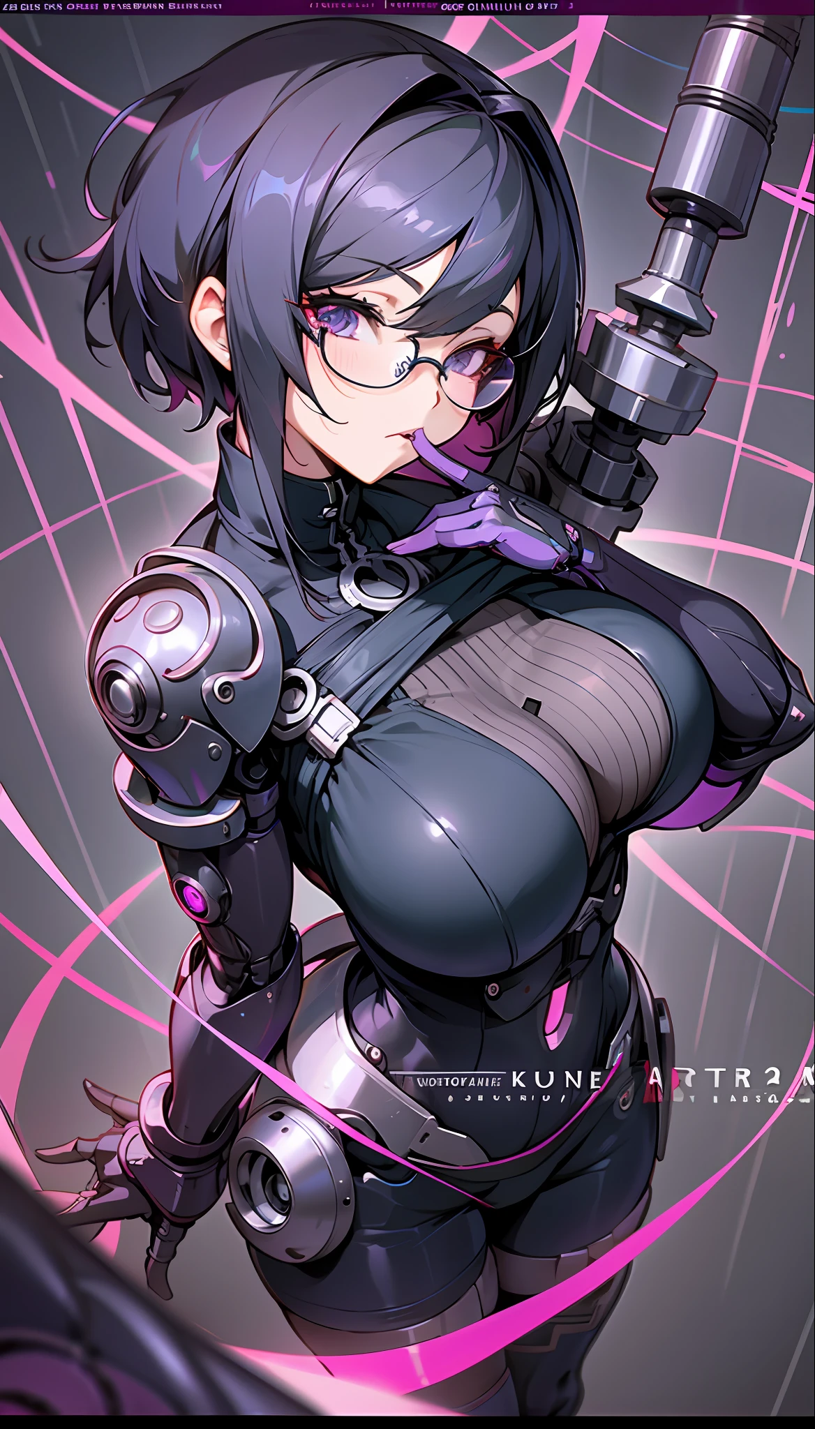 anime - style picture of a woman in a black and purple outfit, oppai cyberpunk, 2 b, 2b, seductive anime girl, best konachan anime wallpaper 4k, artgerm extremely detailed, female cyberpunk anime girl, artgerm style, 2b nier automatons, with glasses, biomechanical oppai, cyberpunk anime girl, view from above, looking from above,  whole body.