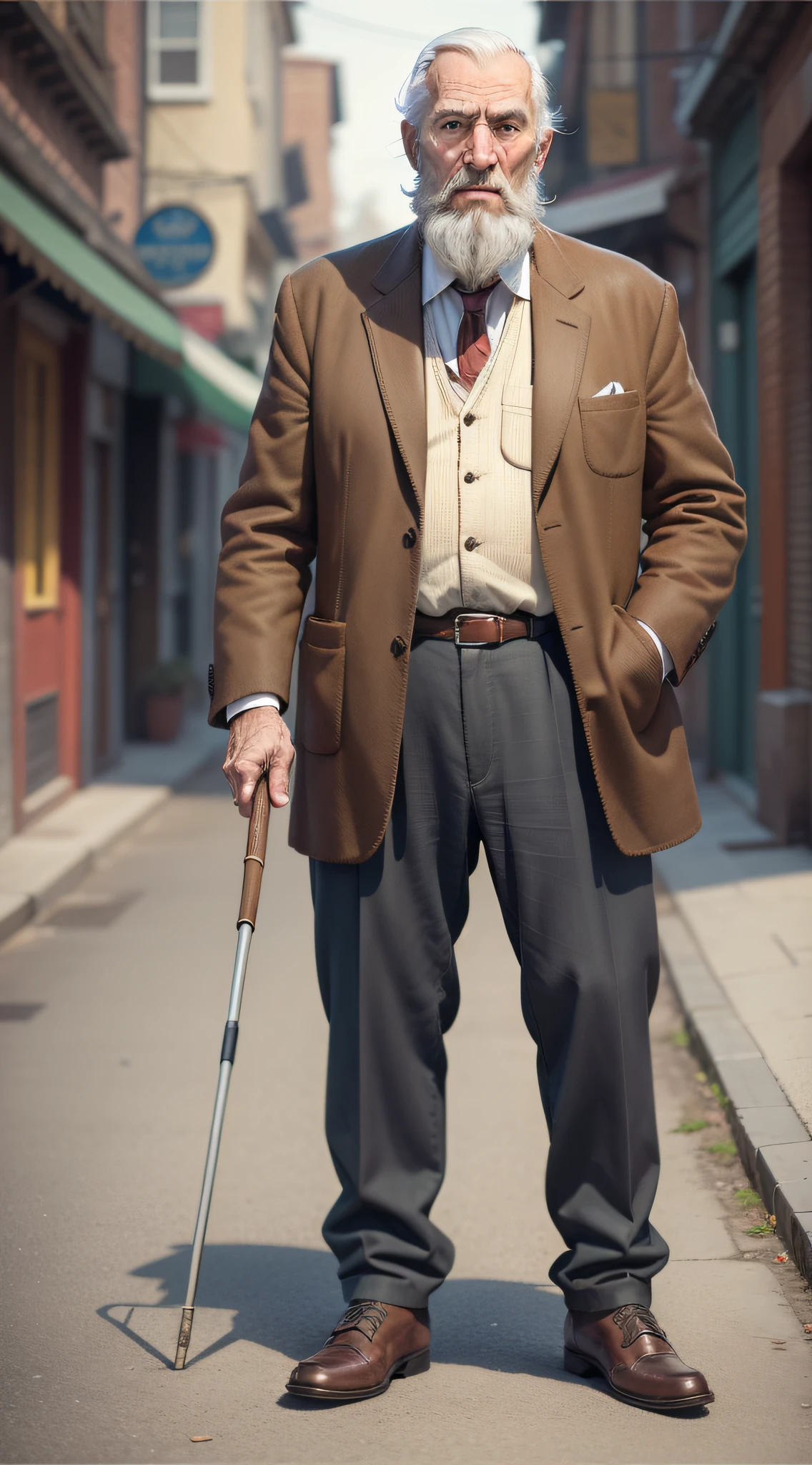 Old man, 60 years old, old times style, bearded, tall, with only one hand in his pocket, realistic, facing image, with old clothes, in the framing of the image, super realistic, showing the whole body, detailed, depth of field, high quality shadows, full body, hand holding a cane