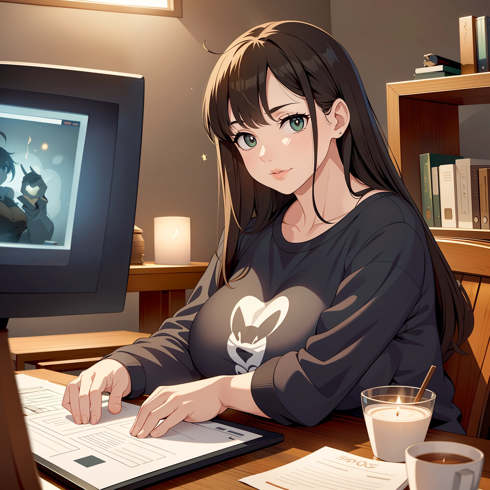 Of course! How about this:
The 25-year-old woman with long brown hair streaked with green, a sly smile, and a chubby belly sits at her desk in her apartment, typing away on her computer. She wears a black goth-inspired top and printed leggings that hug her curves. Her large chest spills out of her top as she leans forward, engrossed in her work.
The room is dimly lit by candles and twinkling fairy lights, casting a warm glow over the space. The air is thick with the sweet, musky scent of incense burning in a nearby holder.
As she types, her eyes flick up to the small television on her bookshelf. A horror film plays silently in the background, the flickering images adding to the eerie ambiance of the room.