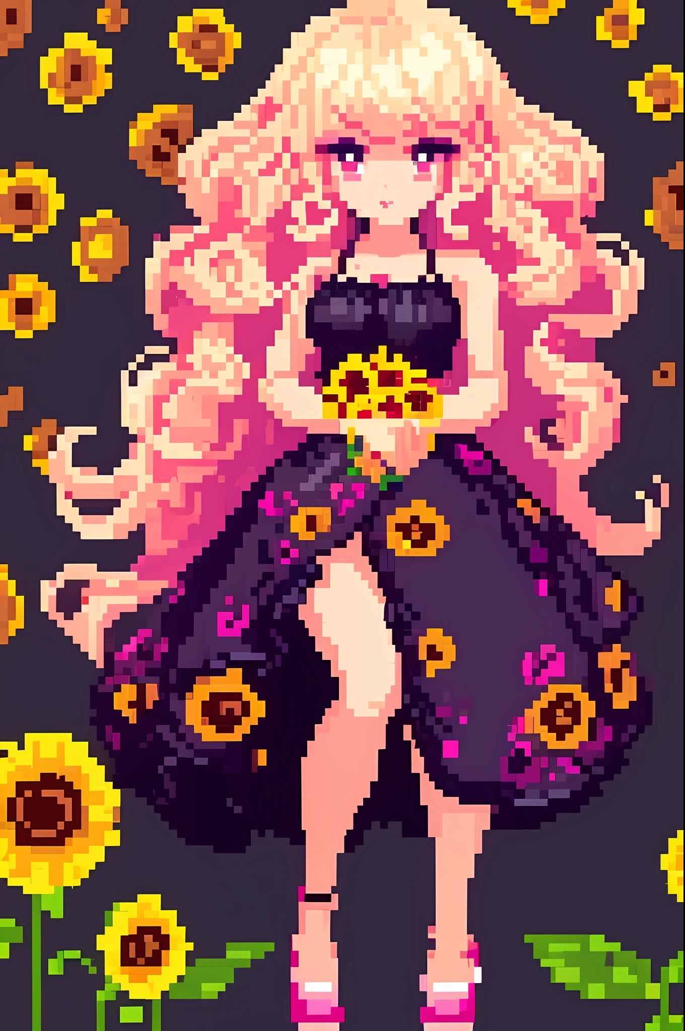 ((pixelart)) 1girl, solo, blonde hair with bangs straight curls and pink locks, ,pink locks,simple background,black background,portrait
blush, short black dress with designs of sunflowers scattered around it tight satin, high heeled shoes