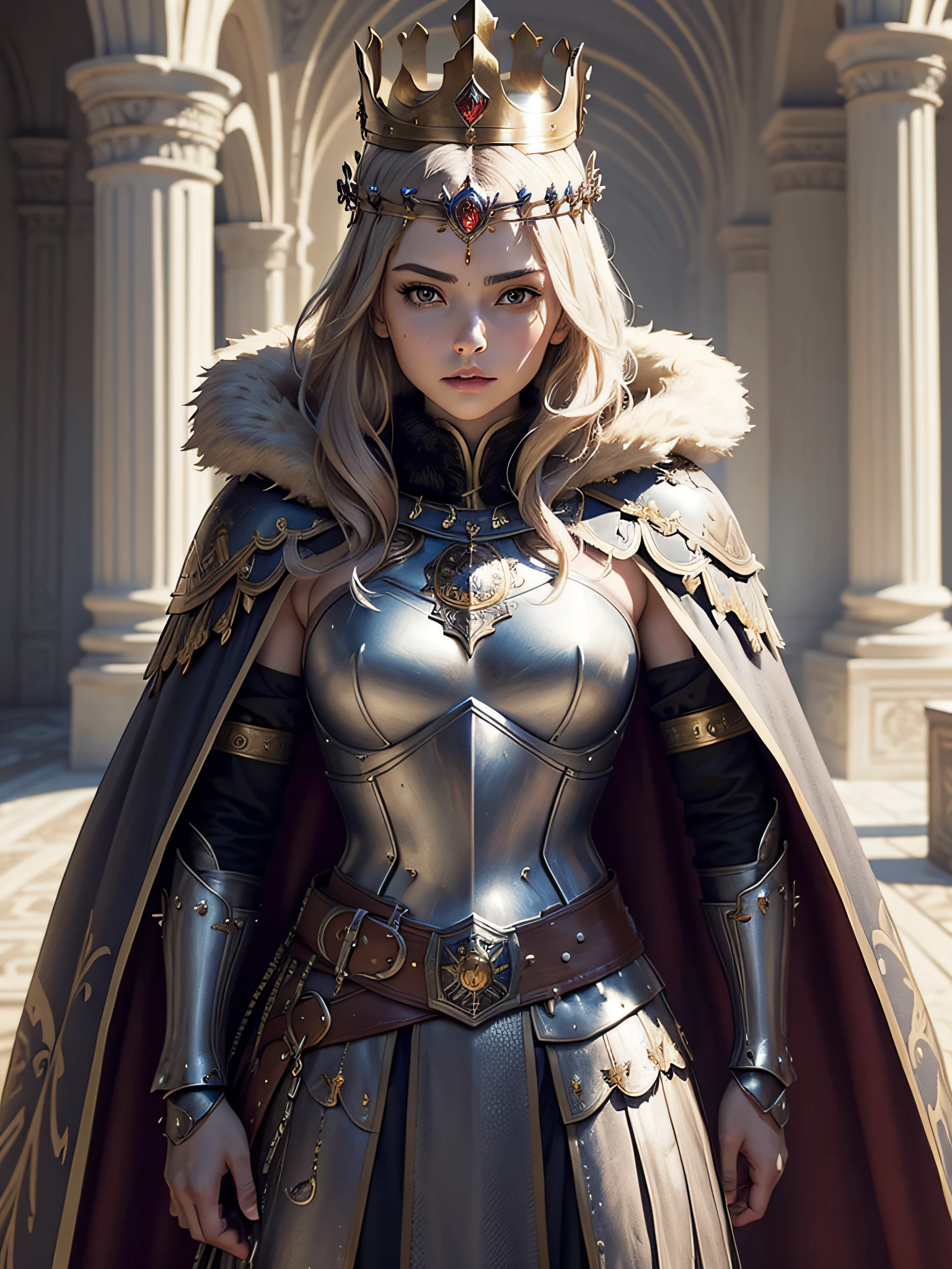 (masterpiece, top quality, best quality, official art, beautiful and aesthetic:1.2), (1girl), (warrior queen armor, fur-lined cape, jeweled crown:1.2),serious