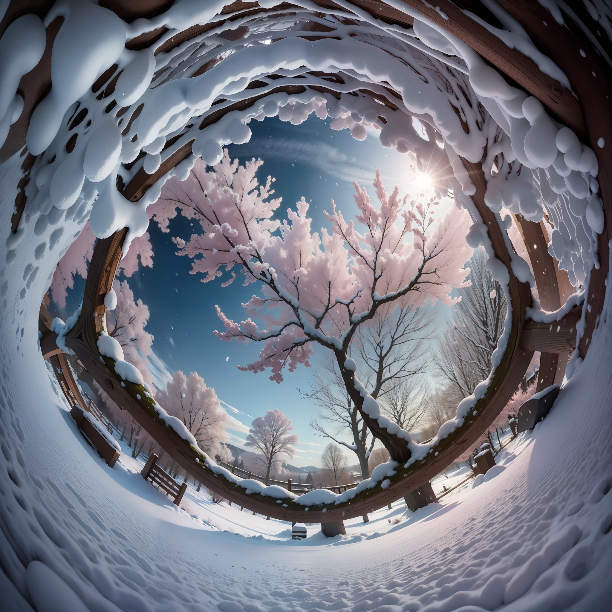 cherry tree, falling snow, gorgeous garden, fisheye camera, bottom-up view, 8k