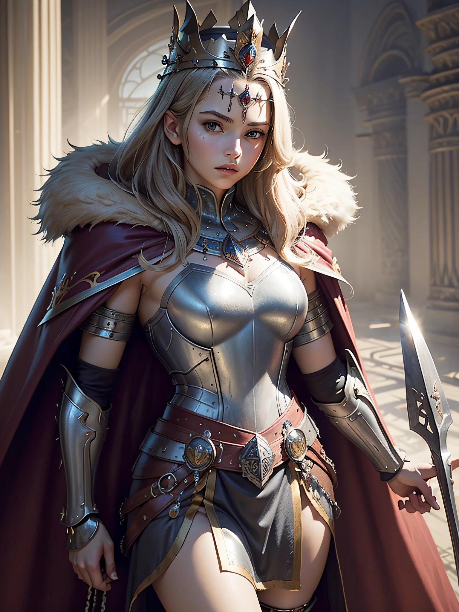 (masterpiece, top quality, best quality, official art, beautiful and aesthetic:1.2), (1girl), (warrior queen armor, fur-lined cape, jeweled crown:1.2),serious