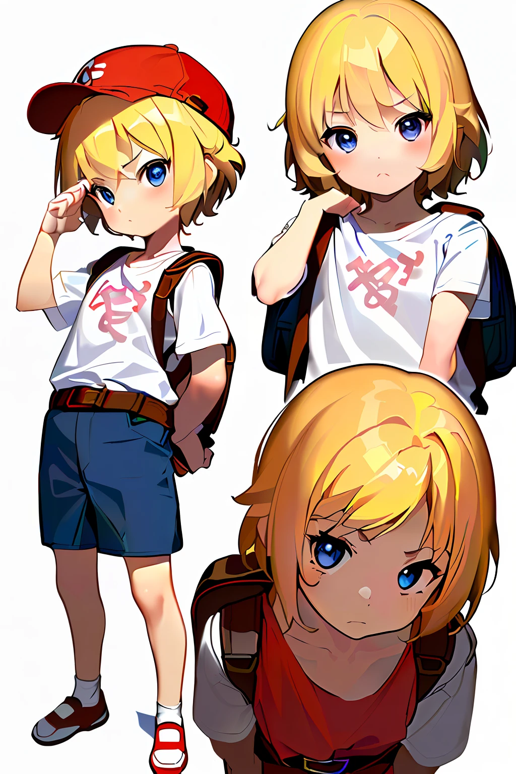 The little hero, various poses and expressions on white background, are illustration of children's book, simple, cute, 6 years, colors, short blonde hair, smooth color, red shirt of short sleeves, cause without belt, without hat, without book, without glasses, without backpack.