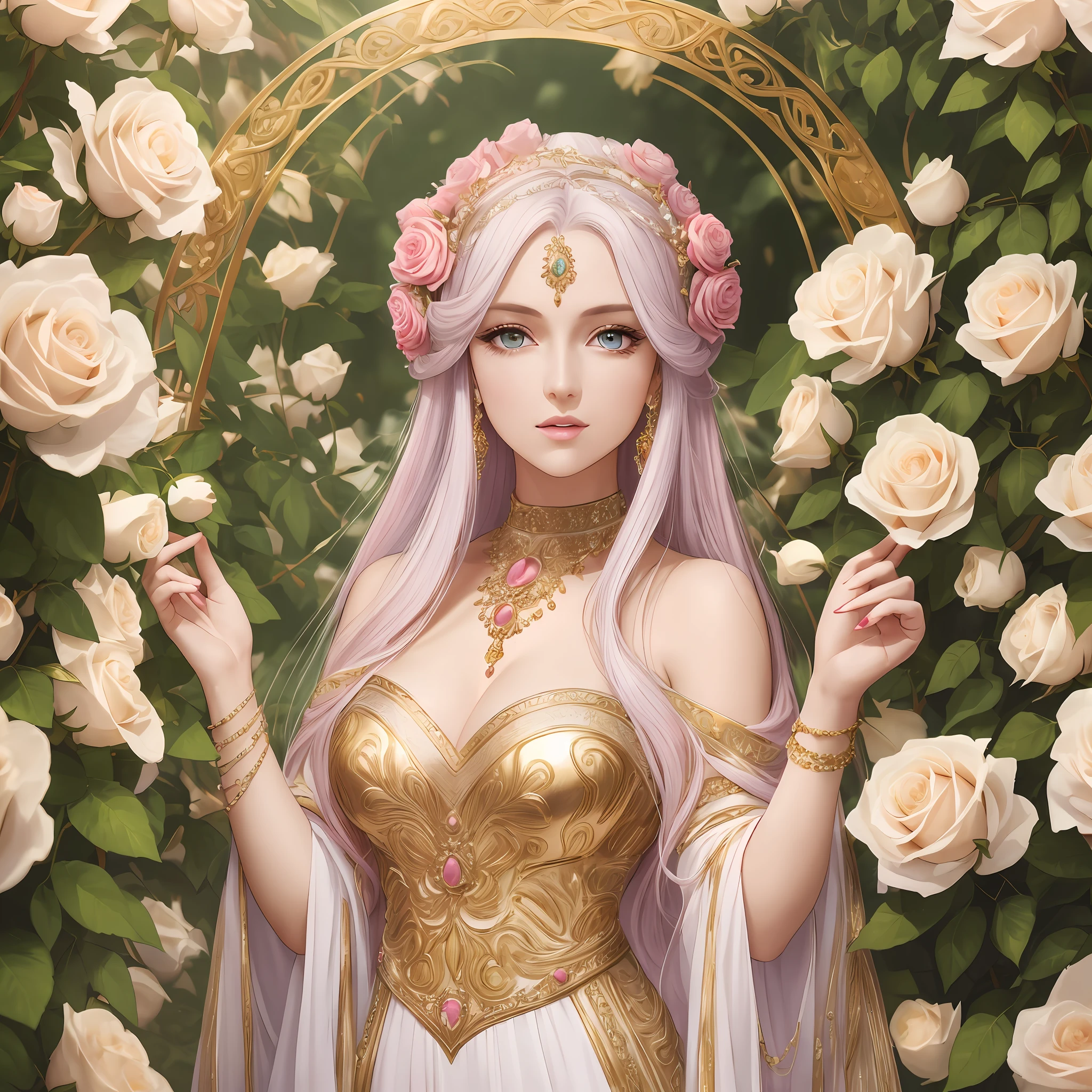 ((best quality,8k,masterpiece)),a goddess,white skin, pink face, silver colored hair, bright yellow colored eyes, long white dress,gold jewelry, lips between open, perfect and delicate hands,in a Garden of red roses --auto --s2