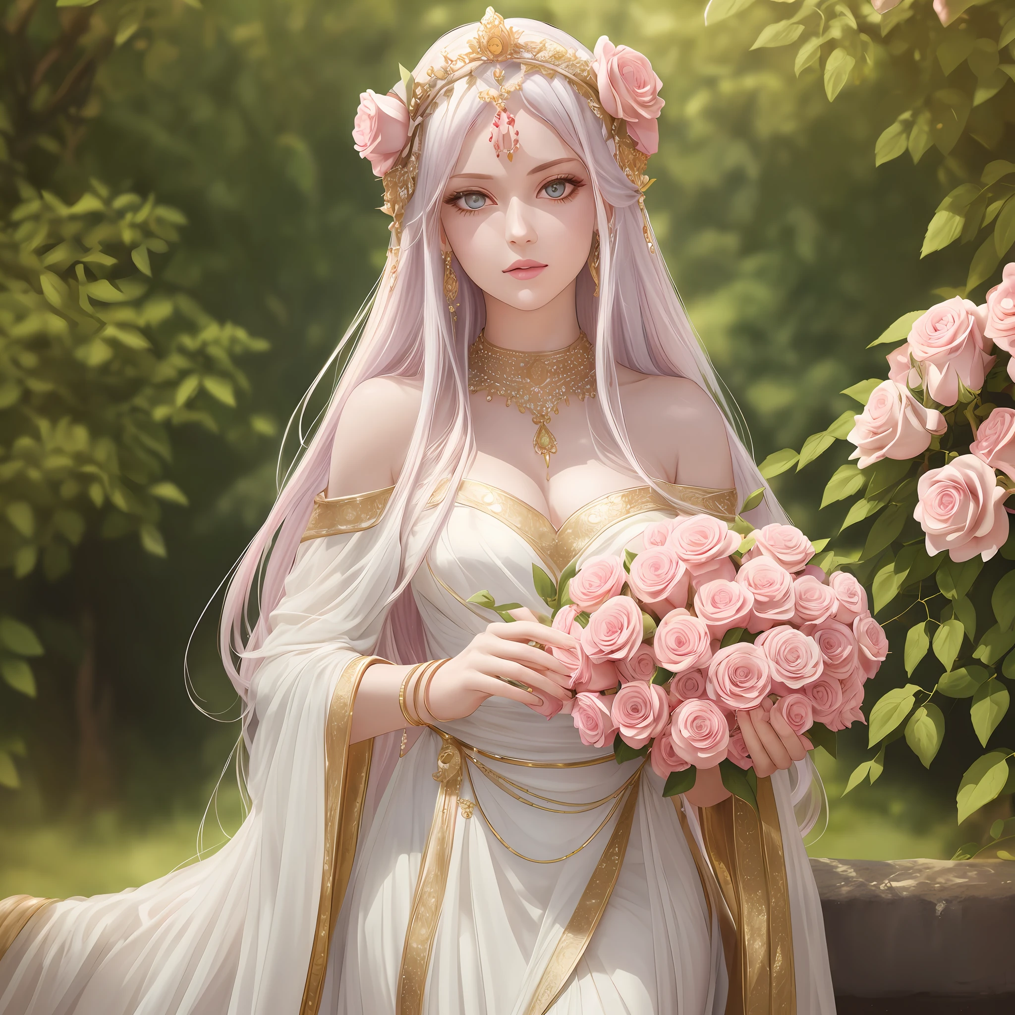 ((best quality,8k,masterpiece)),a goddess,white skin, pink face, silver colored hair, bright yellow colored eyes, long white dress,gold jewelry, lips between open, perfect and delicate hands,in a Garden of red roses --auto --s2