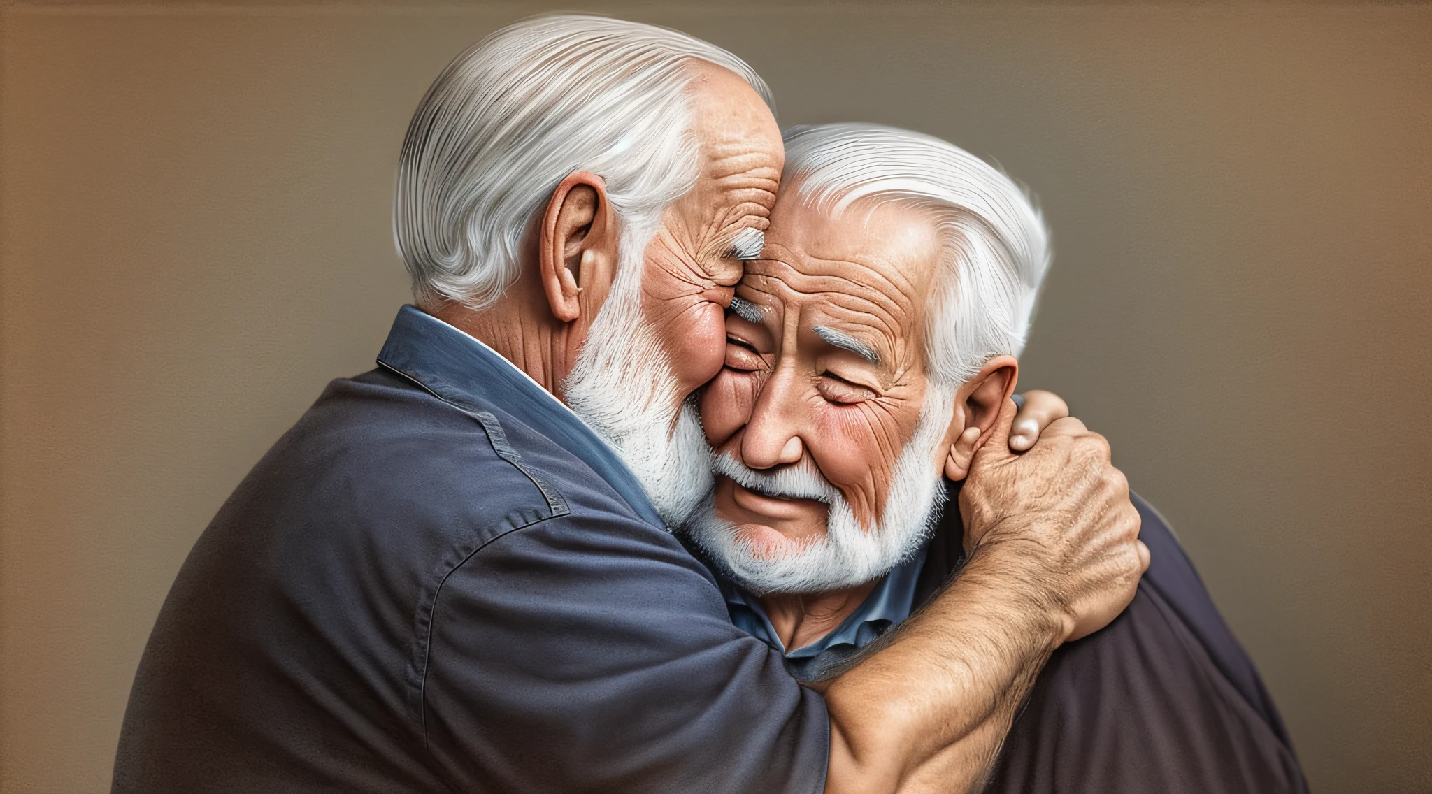 Two old men hugging, crying, asking each other for forgiveness, photorealistic image, 8k --auto --s2