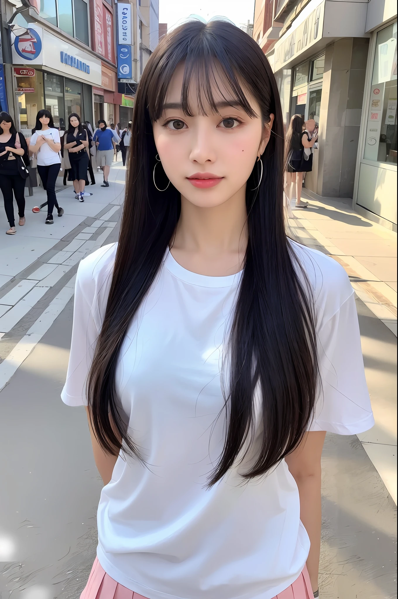 (8k, RAW Photo, Best Quality, Masterpiece:1.2), Ultra Detail, Super Resolution, (Realistic, Realistic Photo:1.37), Portrait, High Detail RAW Color Photo, Professional Photo, Extremely Detailed and Beautiful, Extremely detailed, 8k wallpaper, amazing and detailed, huge file size, official art, highly detailed CG unity 8k wallpaper, highly detailed beautiful girl, highly detailed face, highly detailed eyes, highly detailed skin, highly detailed fingers, highly detailed nose, very detailed detailed mouth , perfect anatomy, highly detailed background, highly detailed clothing, 1girl, (18:1.2), teen, cute girl, famous japanese idol, kawaii, realistic body, petite, fair skin, glowing skin , slim body , handsome body, black hair, long straight hair, (blunt bangs:1.2), smile, cute, youthful, cute face, realistic face, delicate eyes, drooping eyes, white t-shirt, skirt, earring, looking at viewer, cowboy shot, front Facing, Standing, Contraposto, High Street, Public, Crowd, Dynamic Lighting, Very Large Breasts,