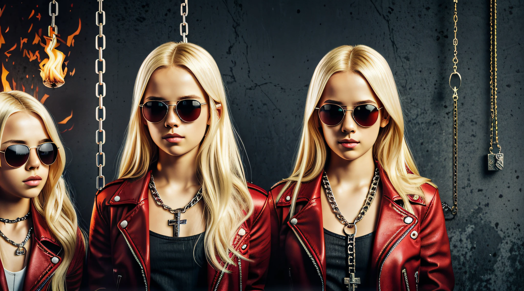 A half body, portrait of 3 girls German children long platinum blonde hair of 12 years, red leather jackets, sunglasses, holding in their hands a cross, background of chains, chain, more chains, many chains, , red, red fire, many background flames.