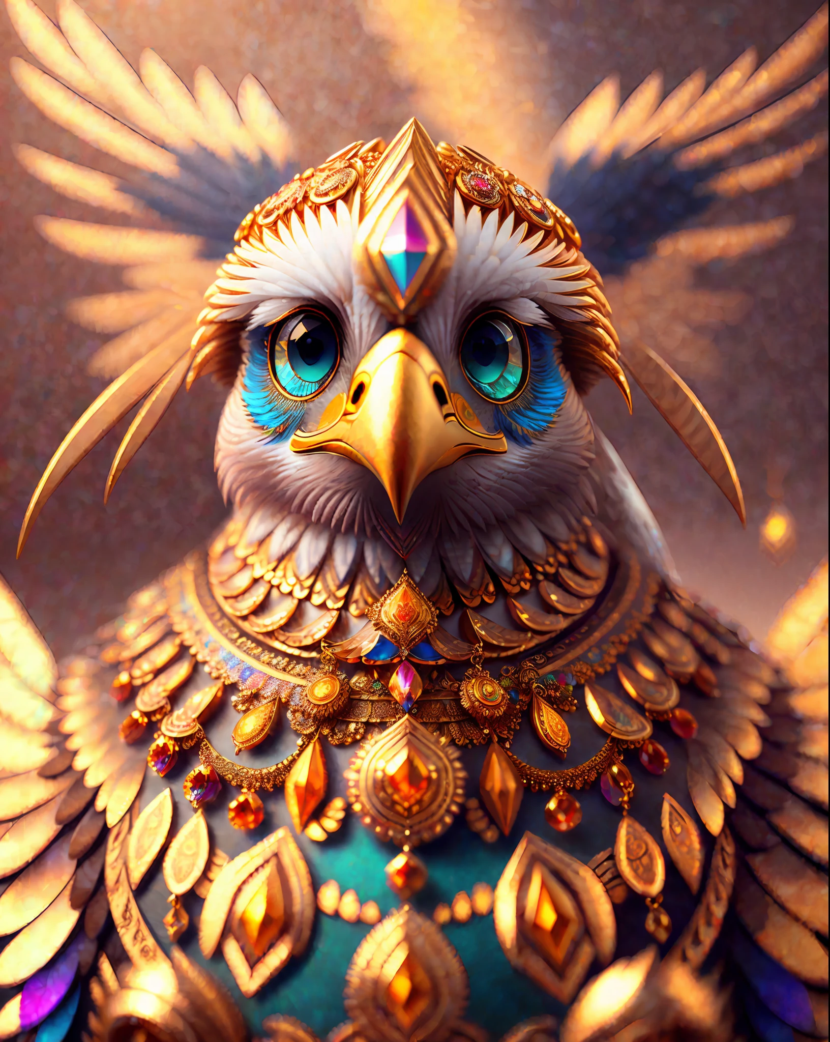 a digital painting of a cute eagle with ((elaborate ornate jewellery)), unreal engine render + a goddess, very detailed , beeple global illumination, colorful, trending on cgisociety, motion graphics, rossdraws global illumination, cgsociety, (((depth of field f/2.8)), ethereal