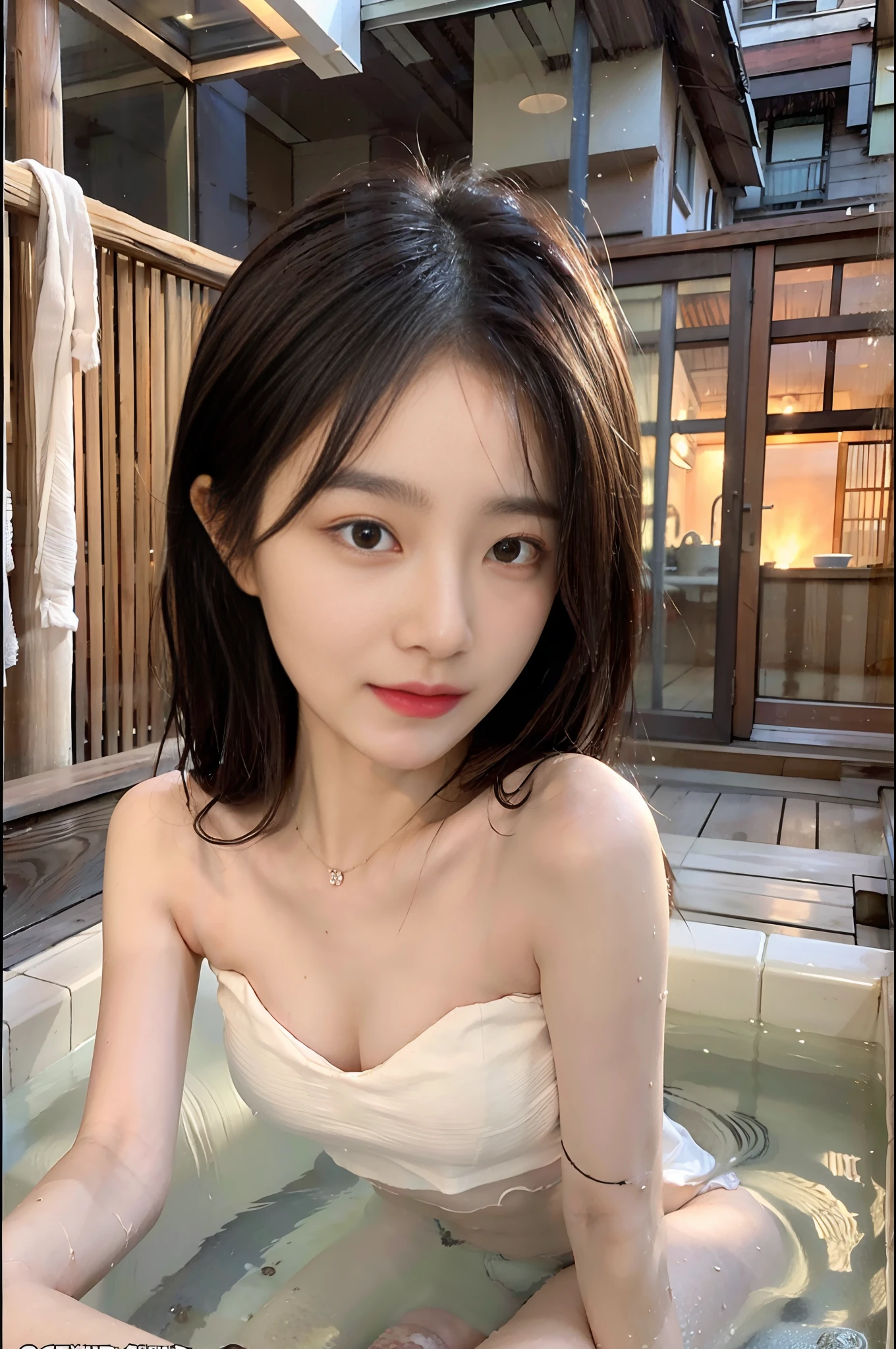 (8K, Best Quality, Masterpiece: 1.2), (Realistic, Photorealistic: 1.37), Ultra Detailed, Soft Light, One Girl, Cute, Solo, Beautiful Details Sky, Open Window, Blush, Pink Cheeks, (Shy Face: 1.15), (Shut Up), (Skinny: 1.7), (Flat Chest: 1.9), (Small Breast: 1.9), (Small Breast: 1.9), Beautiful delicate eyes, beautiful delicate nose, rain, (medium hair: 1.5), puffy novafrog style, visible, (black hair), squinted, thin eyebrows, mature face, ((towel slippery, wet skin, wet hair, wet face, disheveled hair)), arms spread, legs spreading)), open-air bath, Japan hot spring, hot spring, night