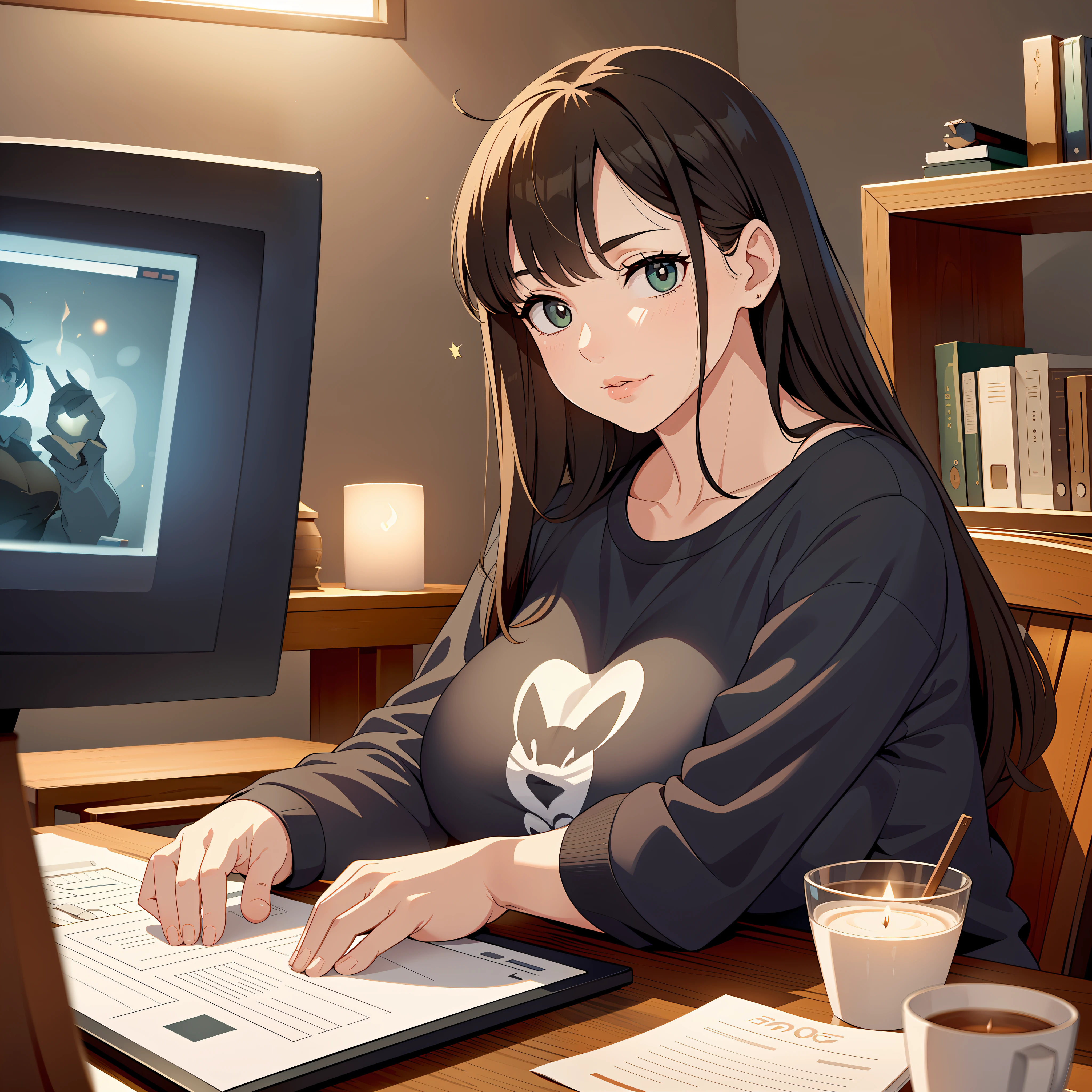 Of course! How about this:
The 25-year-old woman with long brown hair streaked with green, a sly smile, and a chubby belly sits at her desk in her apartment, typing away on her computer. She wears a black goth-inspired top and printed leggings that hug her curves. Her large chest spills out of her top as she leans forward, engrossed in her work.
The room is dimly lit by candles and twinkling fairy lights, casting a warm glow over the space. The air is thick with the sweet, musky scent of incense burning in a nearby holder.
As she types, her eyes flick up to the small television on her bookshelf. A horror film plays silently in the background, the flickering images adding to the eerie ambiance of the room.