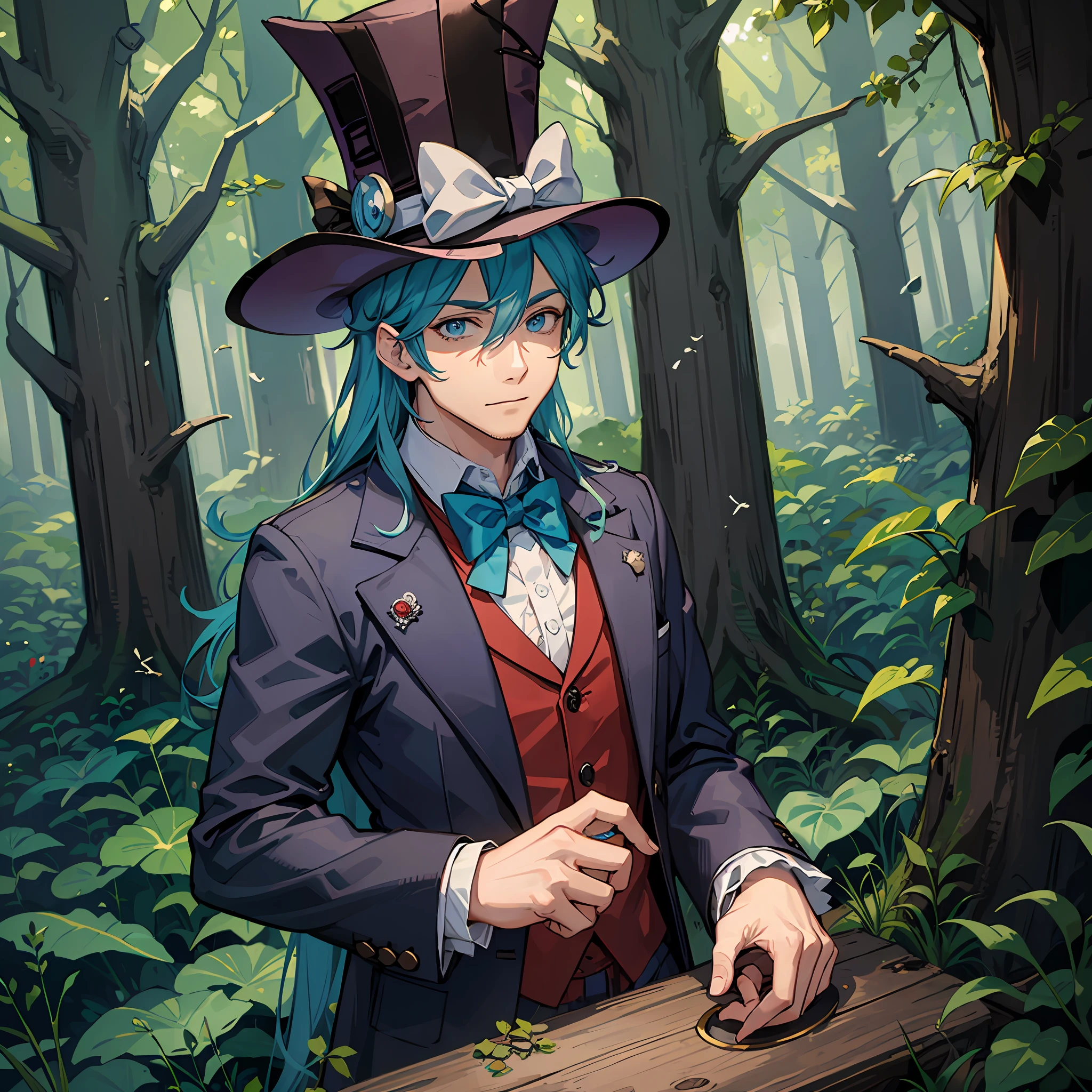 A man, mad hatter, in the forest