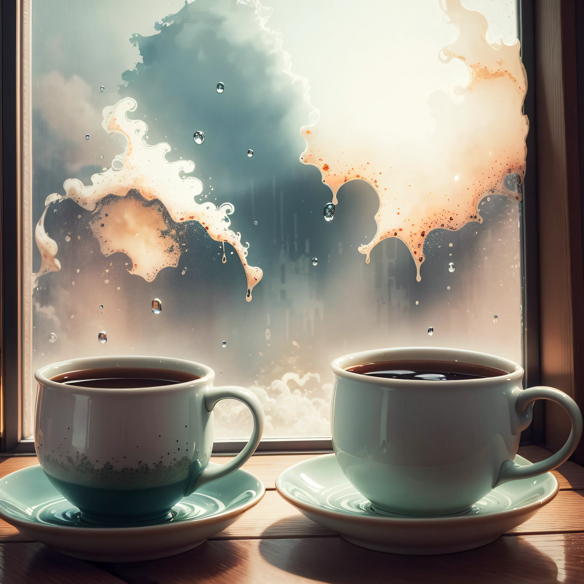 Two cups of hot tea, there's steam coming out of them, they're in front of a window, there's raindrops on the window, beautiful watercolor-style painting --auto --s2