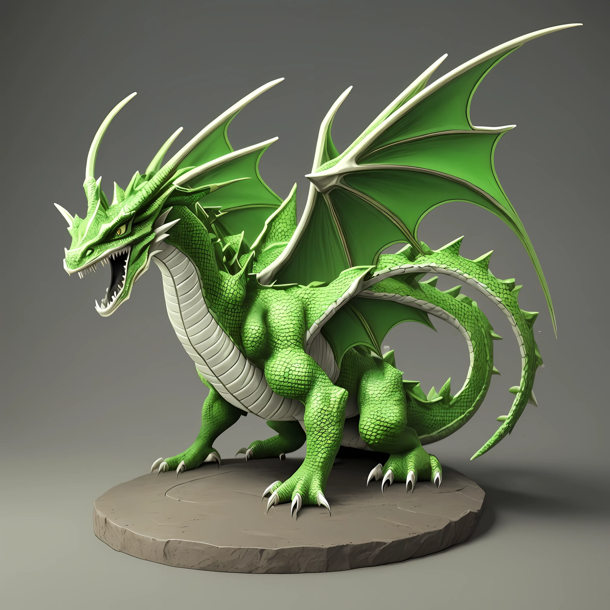 There is a green and white dragon figurine with a green hat, beautiful detailed digital art, digital painting, medium and aggressive dragon, 3D render official art, only 1 pet in the image, white and empty background