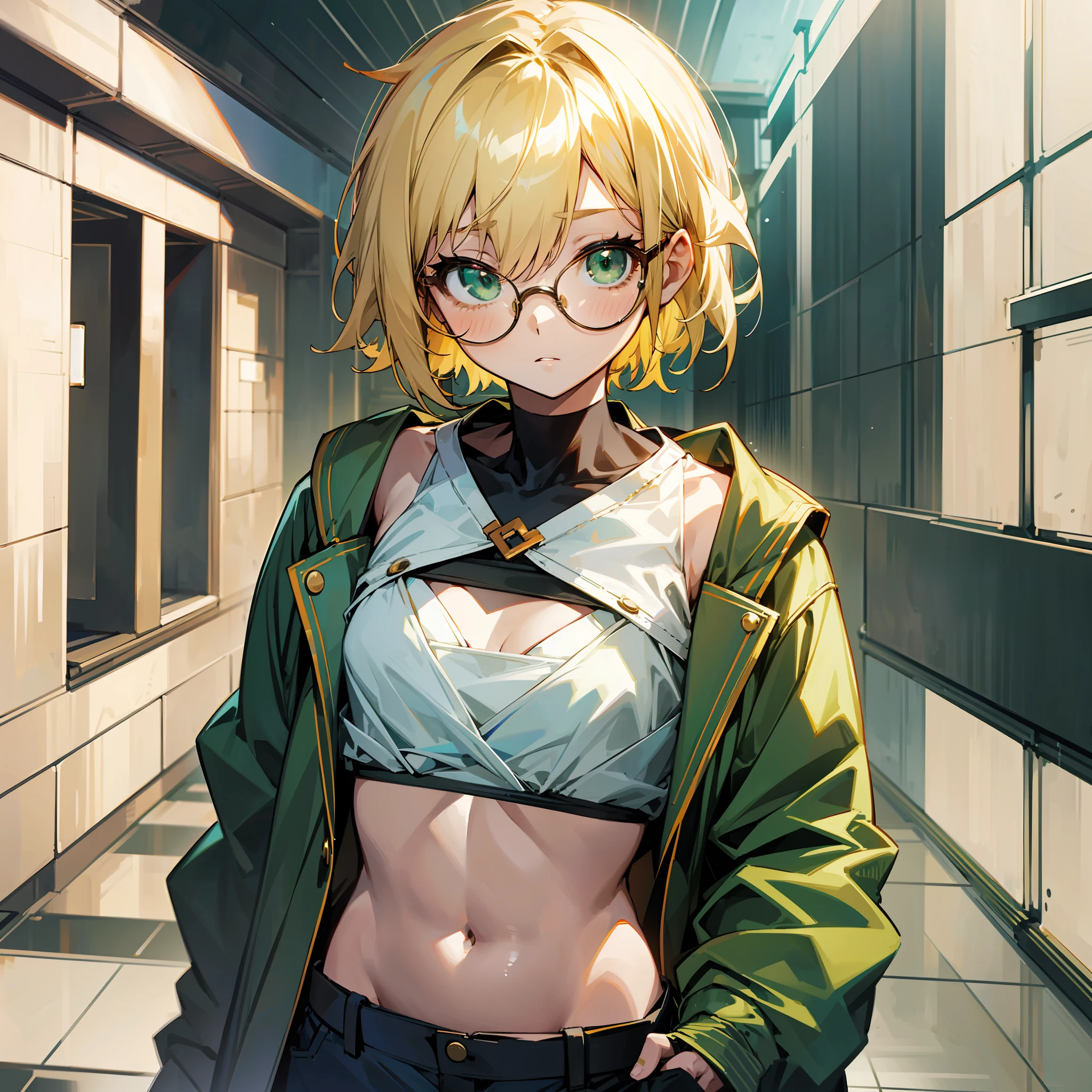 1girl, anime girl, young, fair skin, short hair, blonde, green eyes, glasses, small chest, middle hips. --auto --s2