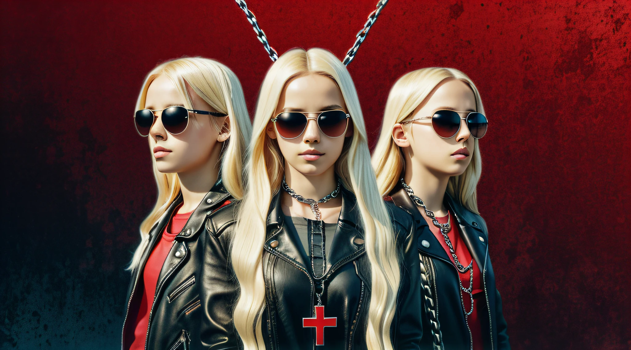 A half body, portrait of 3 girls German children long platinum blonde hair of 12 years, red leather jackets, sunglasses, holding in their hands a cross, background of chains, chain, more chains, many chains, , red, red fire, many background flames.