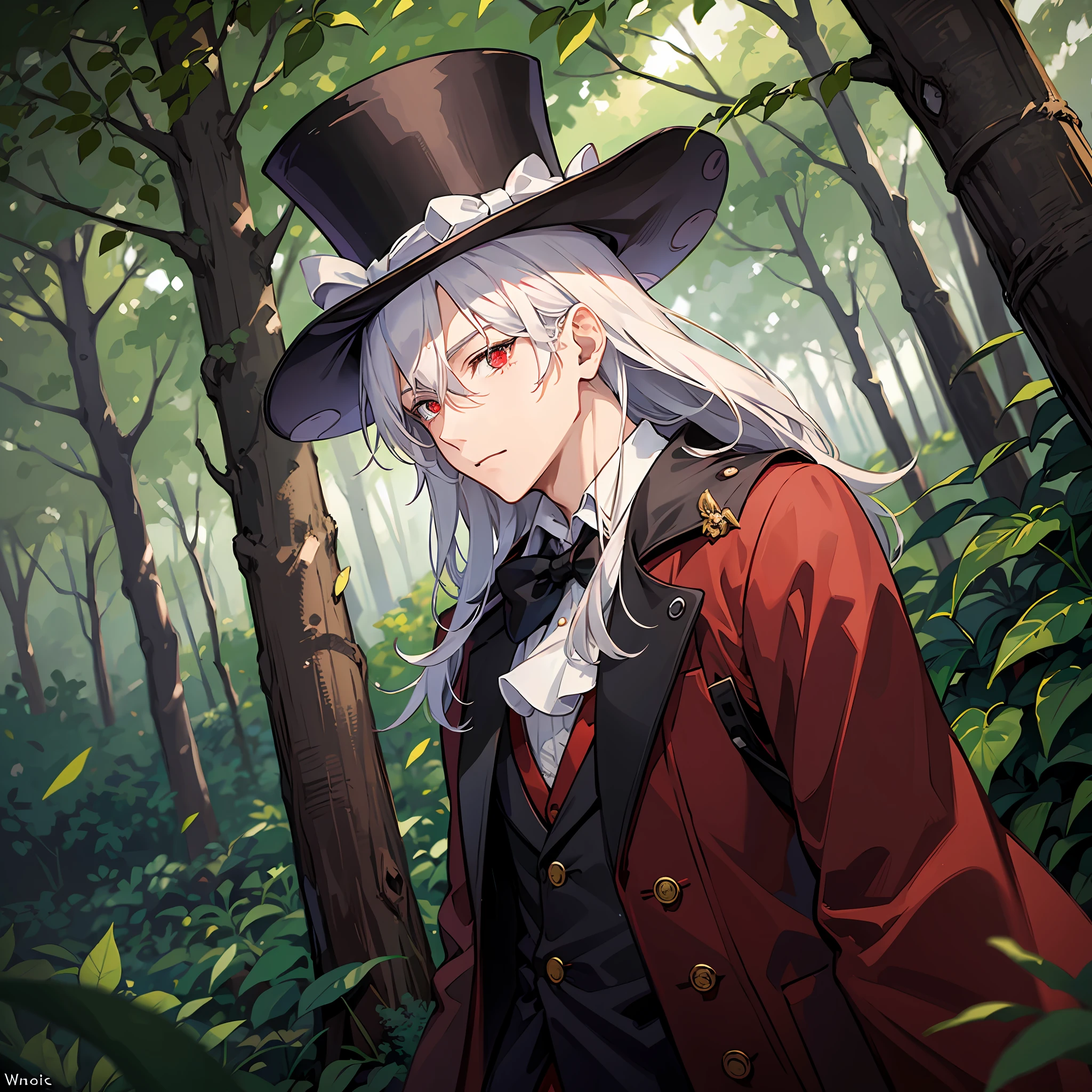 A man, mad hatter, in the forest, white hair, red eyes