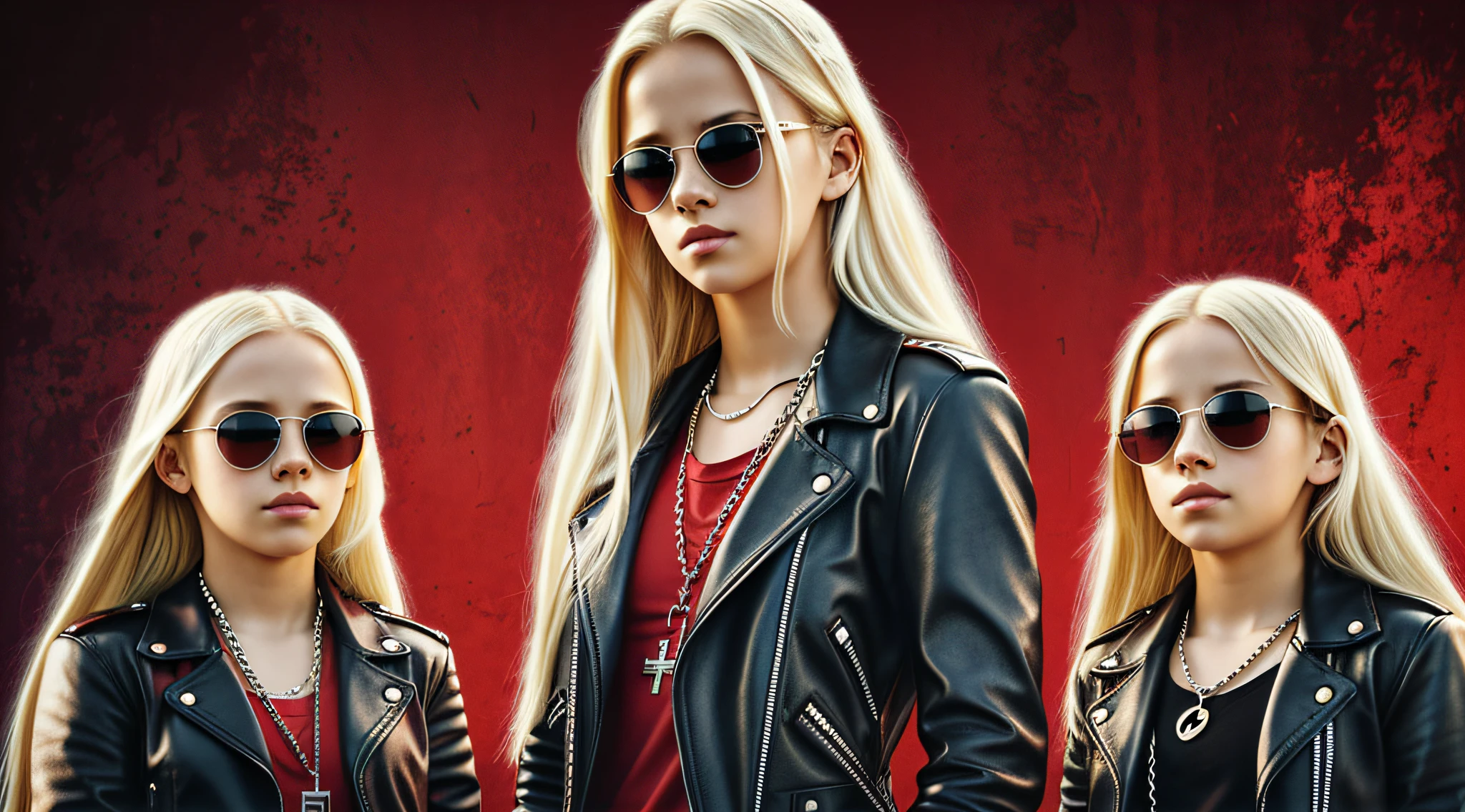A half body, portrait of 3 girls German children long platinum blonde hair of 12 years, red leather jackets, sunglasses, holding in their hands a cross, background of chains, chain, more chains, many chains, , red, red fire, many background flames.