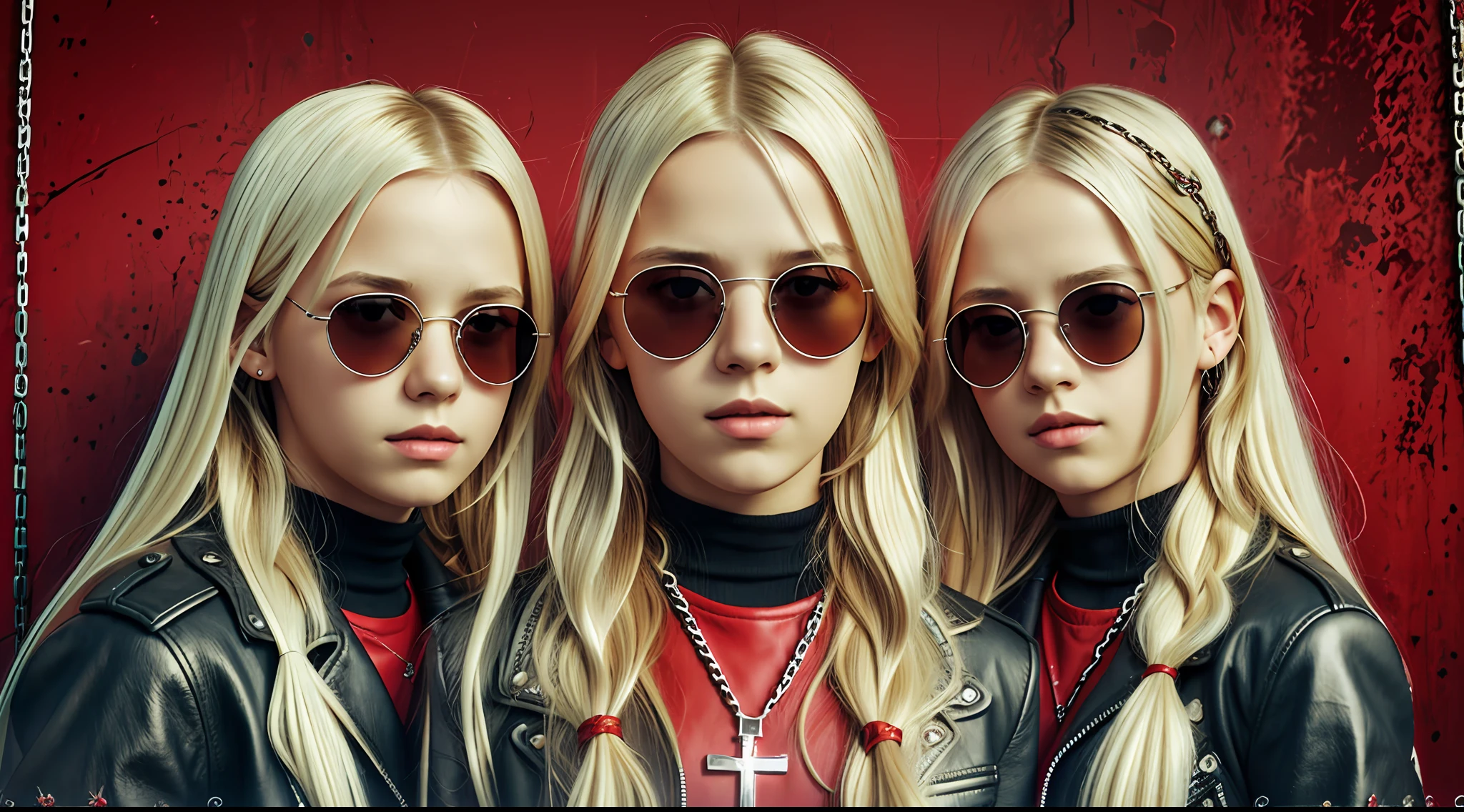 A half body, portrait of 3 girls German children long platinum blonde hair of , red leather jackets, sunglasses, holding in their hands a cross, background of chains, chain, more chains, many chains, , red, red fire, many background flames.