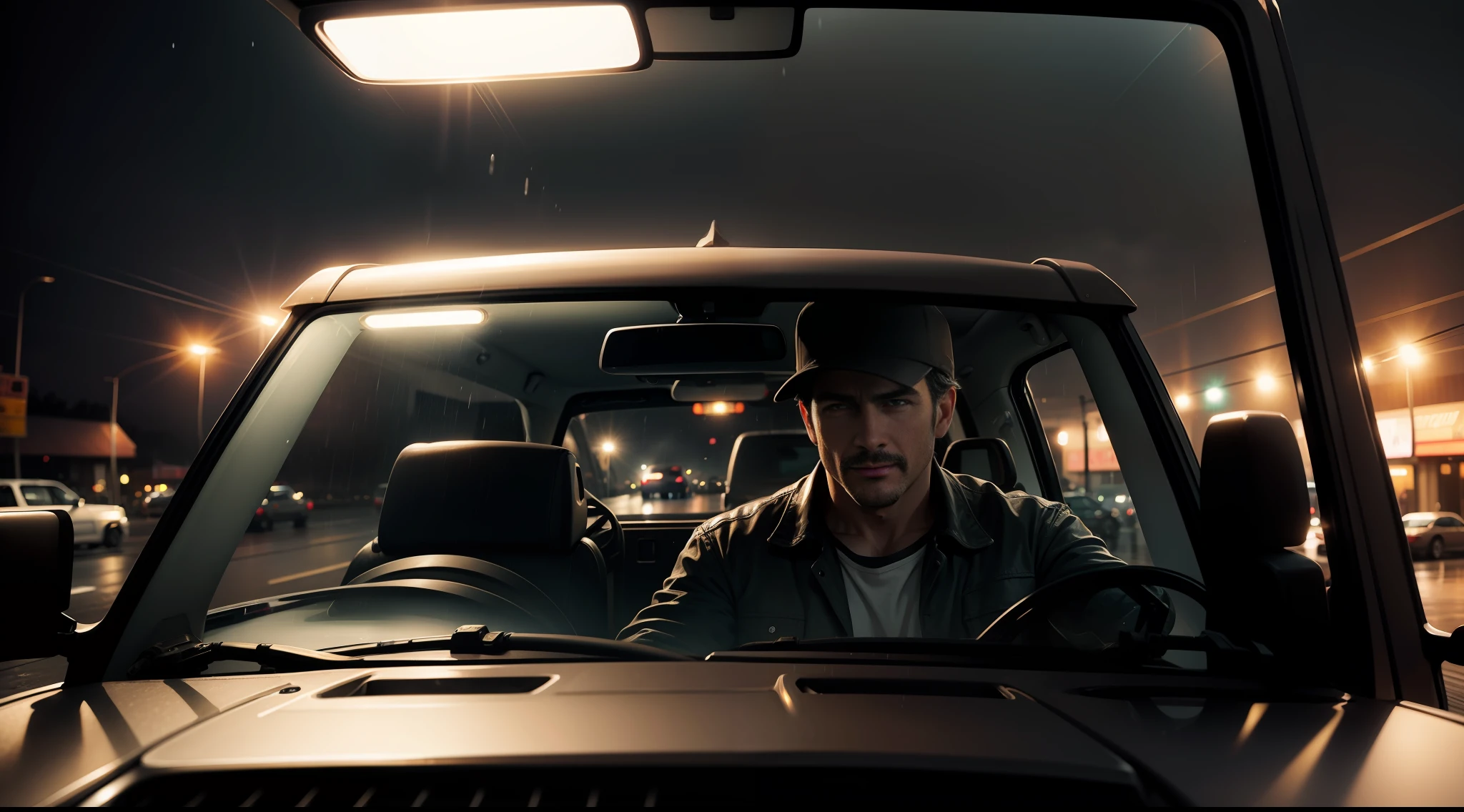 Man driving his pickup truck on a rainy night