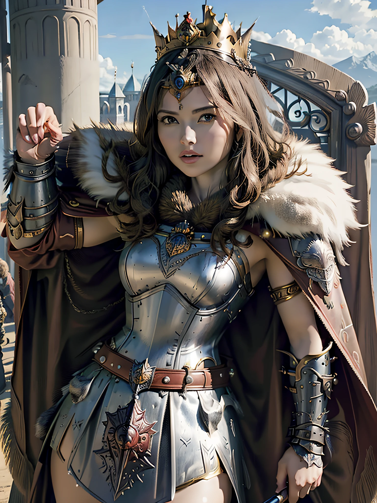 (masterpiece, top quality, best quality, official art, beautiful and aesthetic:1.2), (1girl), (warrior queen armor, fur-lined cape, jeweled crown:1.2),serious