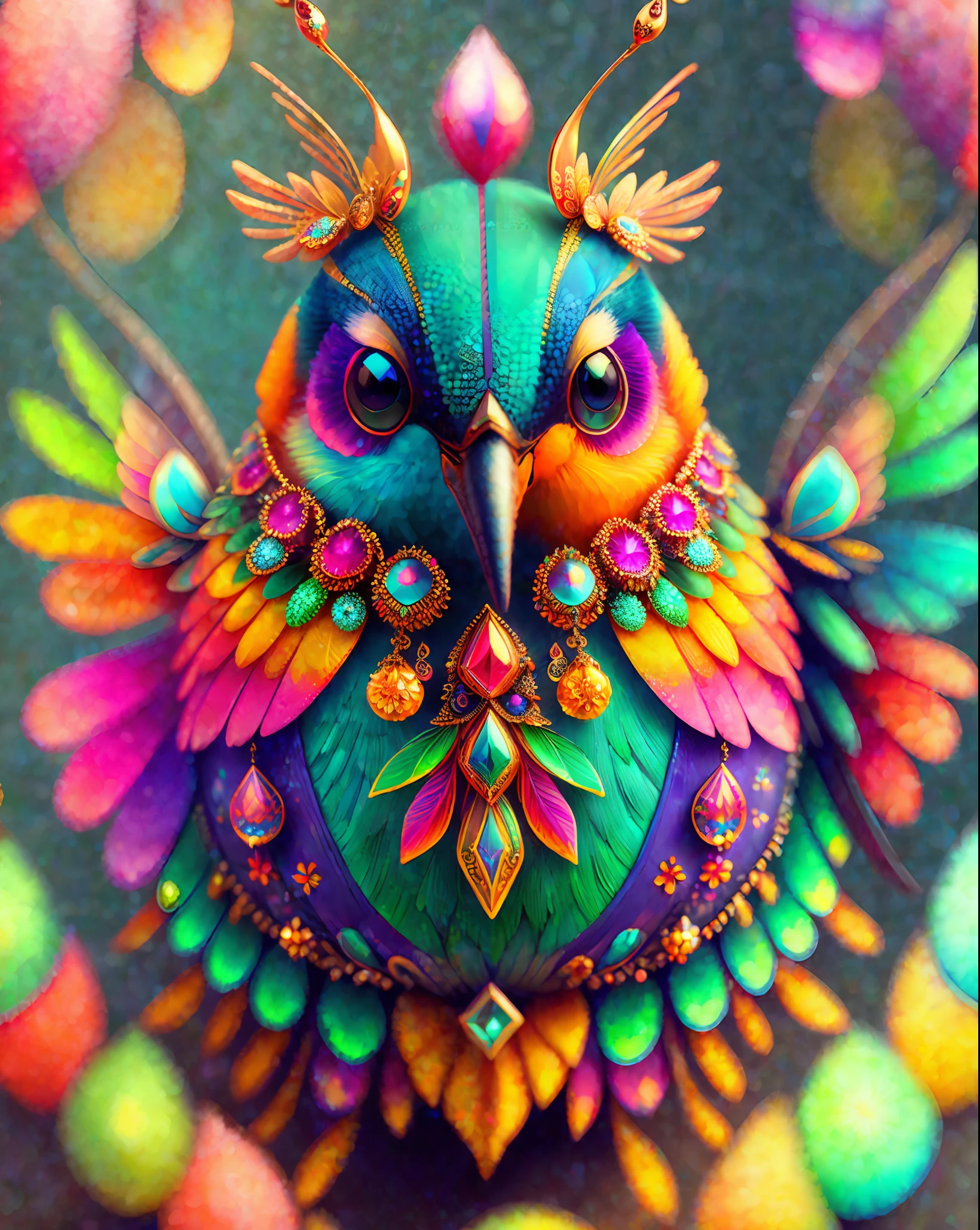 a digital painting of a cute (((multicolor))) Hummingbird with ((elaborate ornate jewellery)), unreal engine render + a goddess, very detailed , beeple global illumination, ((colorful)), trending on cgisociety, motion graphics, rossdraws global illumination, cgsociety, (((depth of field f/2.8)), ethereal
