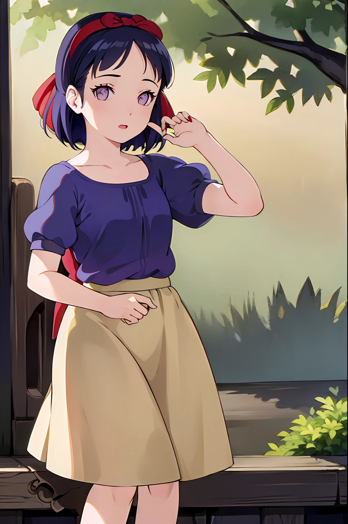 (masterpiece, best quality, high resolution:1.4), portrait, analog, RAW format,
snow white,
1girl, woman, looking at viewer,
(medieval dress:1.3, yellow skirt, long skirt, red hairband, puffy sleeve), snow white, 
standing, apple, 
outdoors, nature, forest,
perfect light, medium breast, long hair, blunt bangs, purple eyes, dark blue hair, (red hairband with bow:1.3)