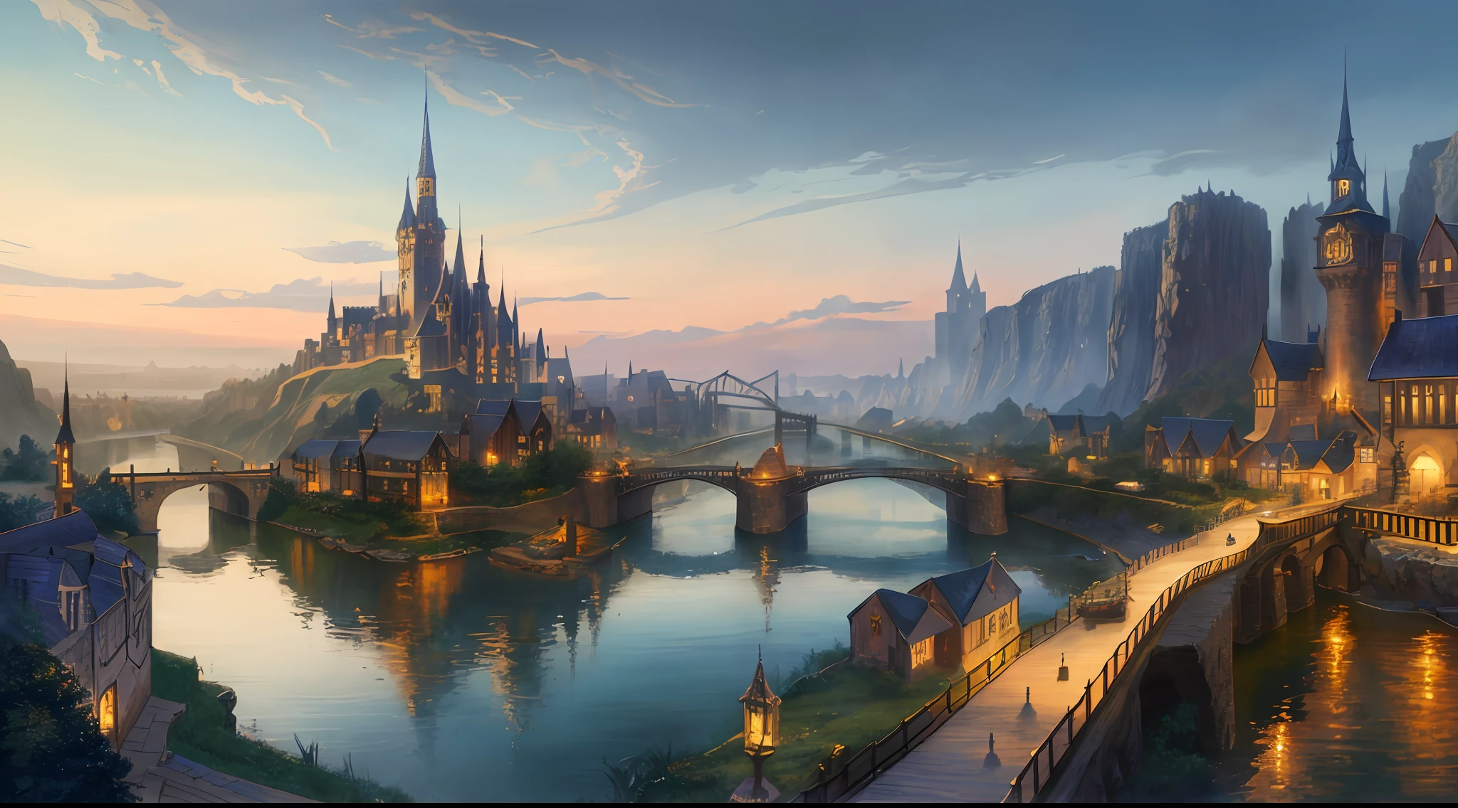 there is a painting of a town with a bridge and a river, medeival fantasy town, steampunk villages castles, fantasy town setting, by Aleksander Gine, flintlock fantasy capital city, painterly concept art, beautiful concept art, detailed 4k concept art, detailed digital concept art, andreas rocha style, concept art stunning atmosphere